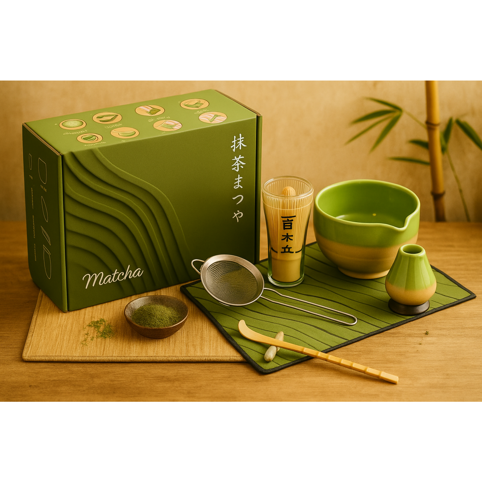 Parya Parya  - Matcha Set – 7-Piece – Complete Matcha Tea Set – Includes Bowl – Bamboo Whisk – Holder – Sifter and Accessories – Ceramic – Green – Luxury Gift Box