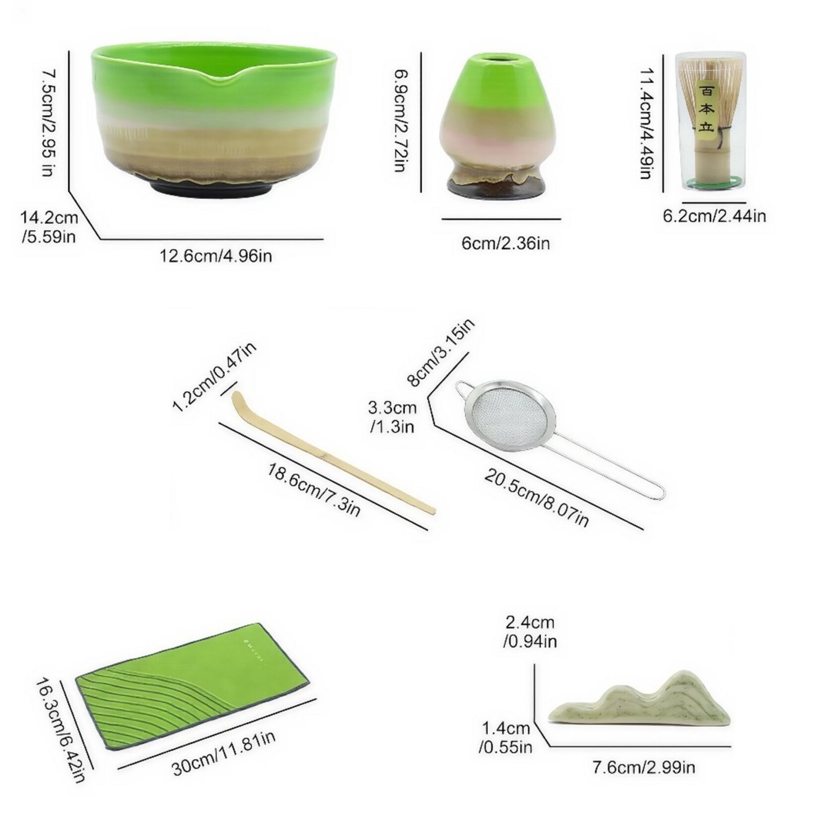 Parya Parya  - Matcha Set – 7-Piece – Complete Matcha Tea Set – Includes Bowl – Bamboo Whisk – Holder – Sifter and Accessories – Ceramic – Green – Luxury Gift Box