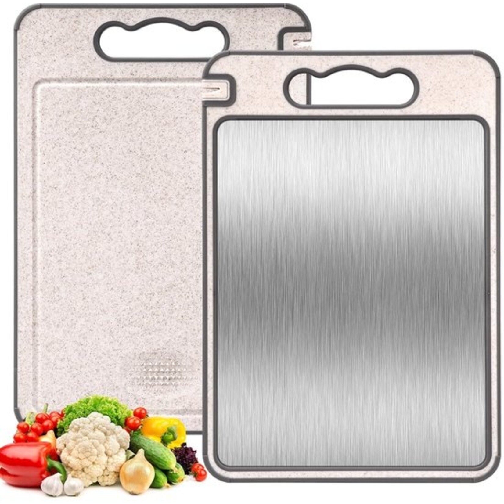 Dutch Wanted Dutch Wanted Roestvrijstalen Snijplank - RVS Snijplank - Dubbelaspfunctie - Cutting Board - Vaatwasserbestendig - Antislip Materiaal - RVS zijdig met Tarwevezel kant - Vermijd Microplastics - Hygiene - BPA Vrij