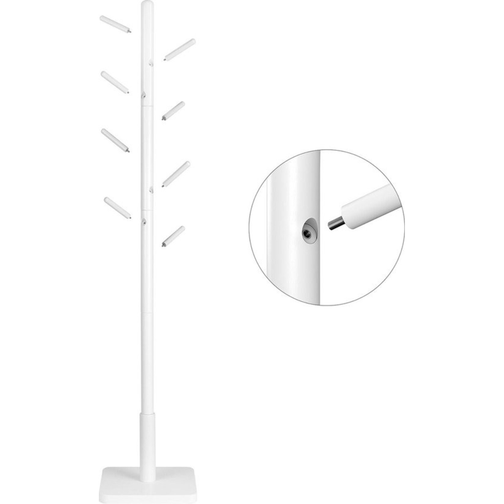 Kapstok - kledingrek - massief hout - vrijstaand - boomvorm - 8 haken voor jassen - hoeden - tassen - hal - haken en steunstang van rubberhout - wit