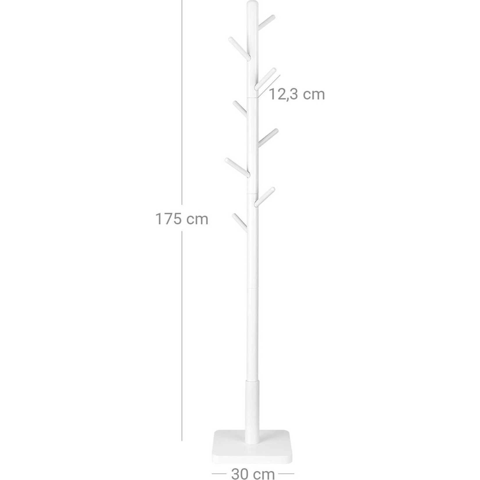Kapstok - kledingrek - massief hout - vrijstaand - boomvorm - 8 haken voor jassen - hoeden - tassen - hal - haken en steunstang van rubberhout - wit