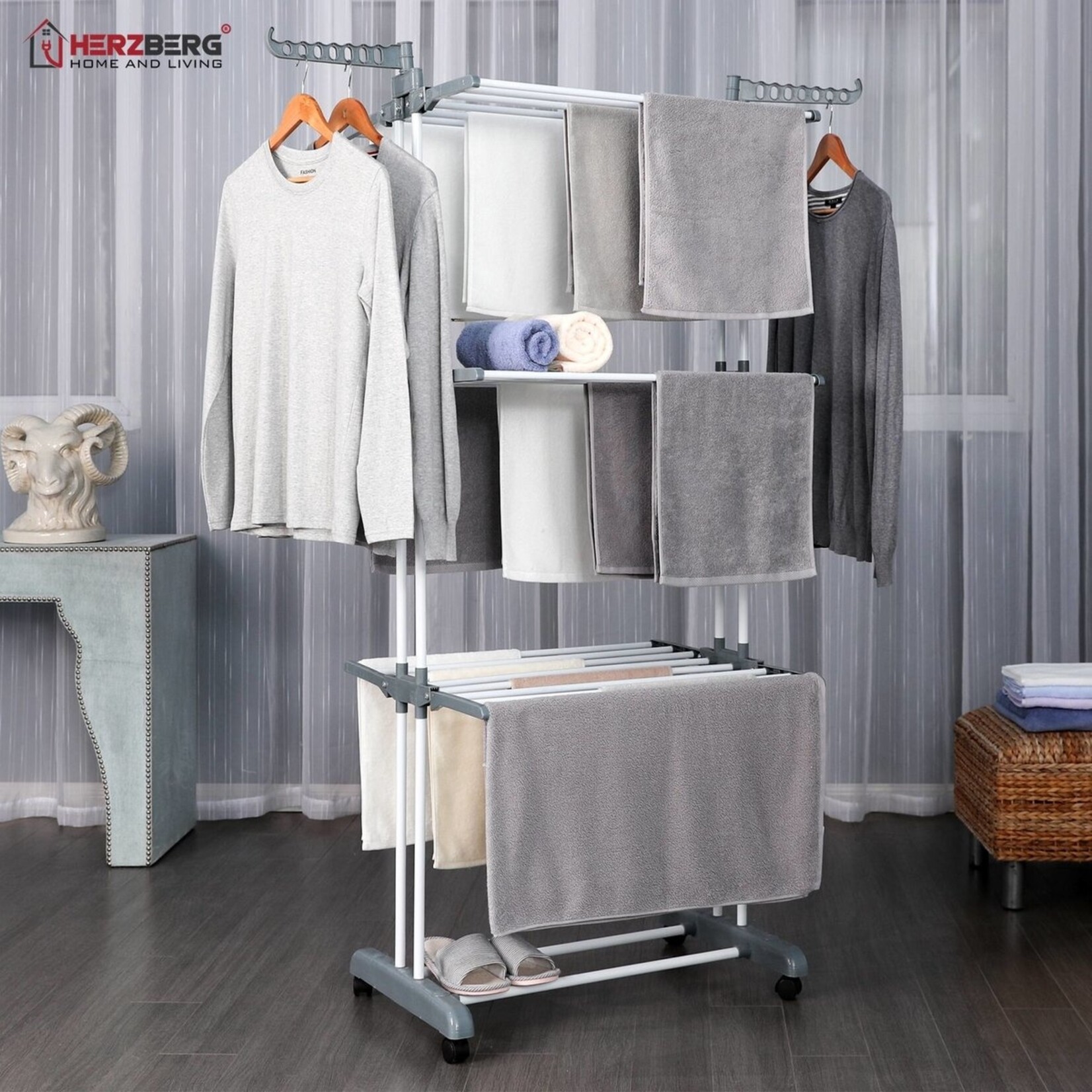 Herzberg HG-8034GRY Drying Rack - Includes Wheels - Grey