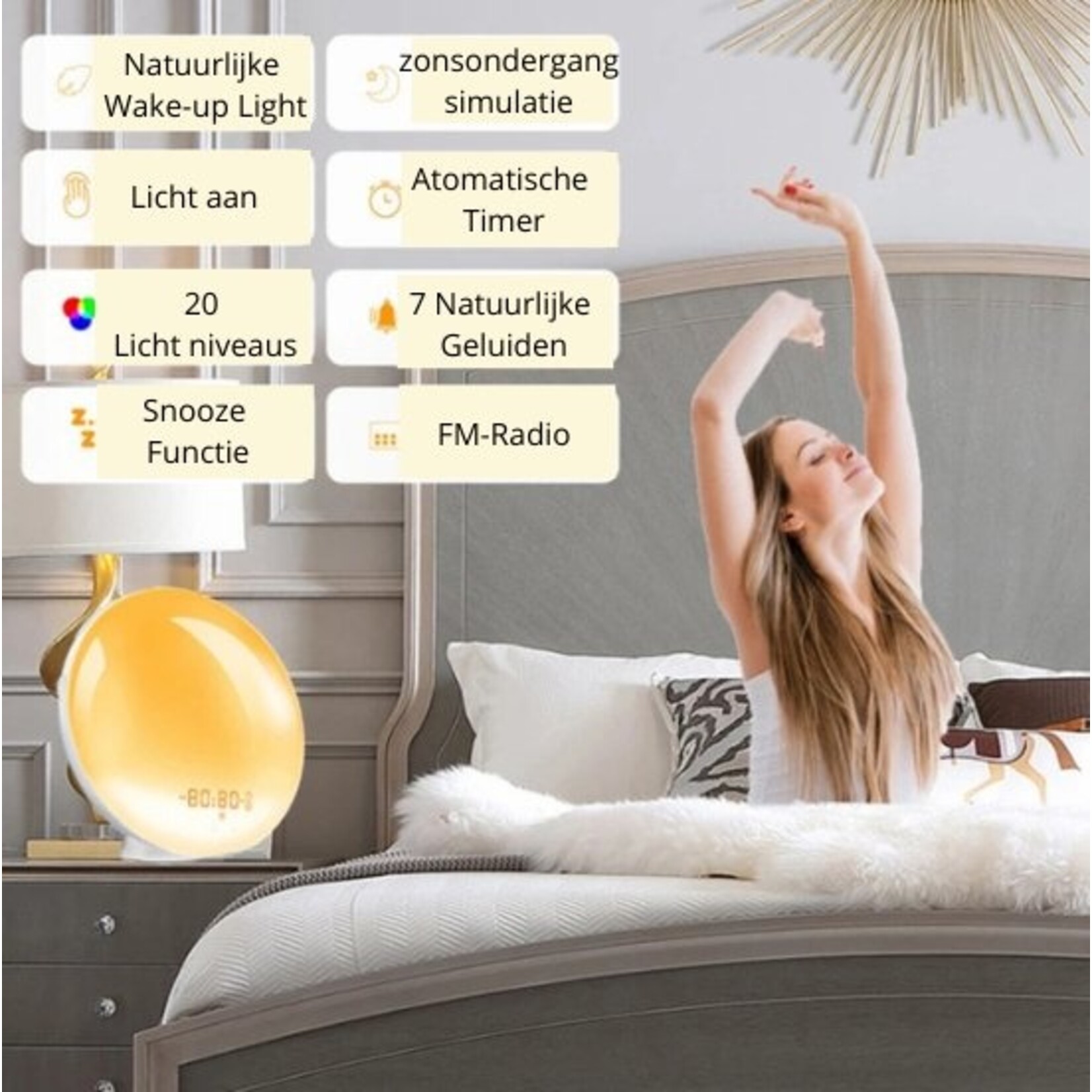 Wake-up light – Alarm clock radio – Night light – Bedside lamp – Light therapy lamp – White