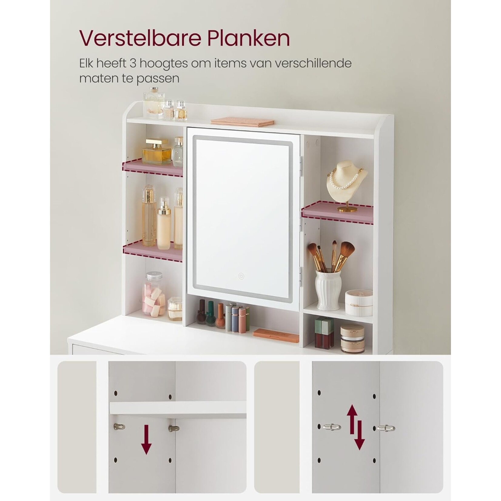 Bobbel Home Moderne Witte Make-up tafel met Instelbare LED Verlichting - Kaptafel met Spiegel, 2 Laden en Aanpasbare Planken - Stijlvolle Opslag voor Make-up