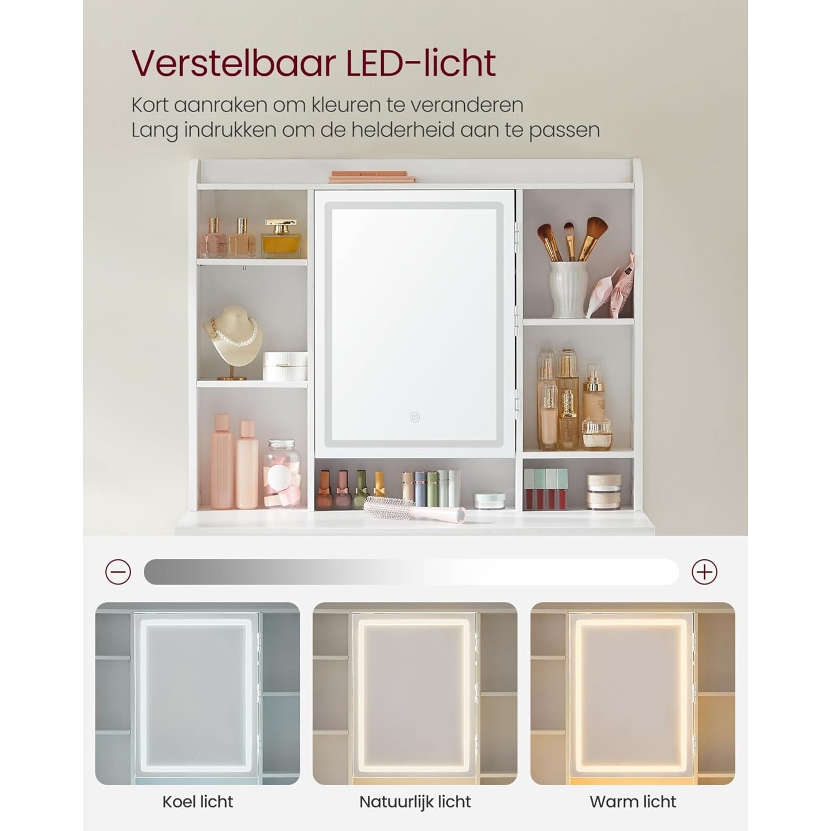 Bobbel Home Moderne Witte Make-up tafel met Instelbare LED Verlichting - Kaptafel met Spiegel, 2 Laden en Aanpasbare Planken - Stijlvolle Opslag voor Make-up