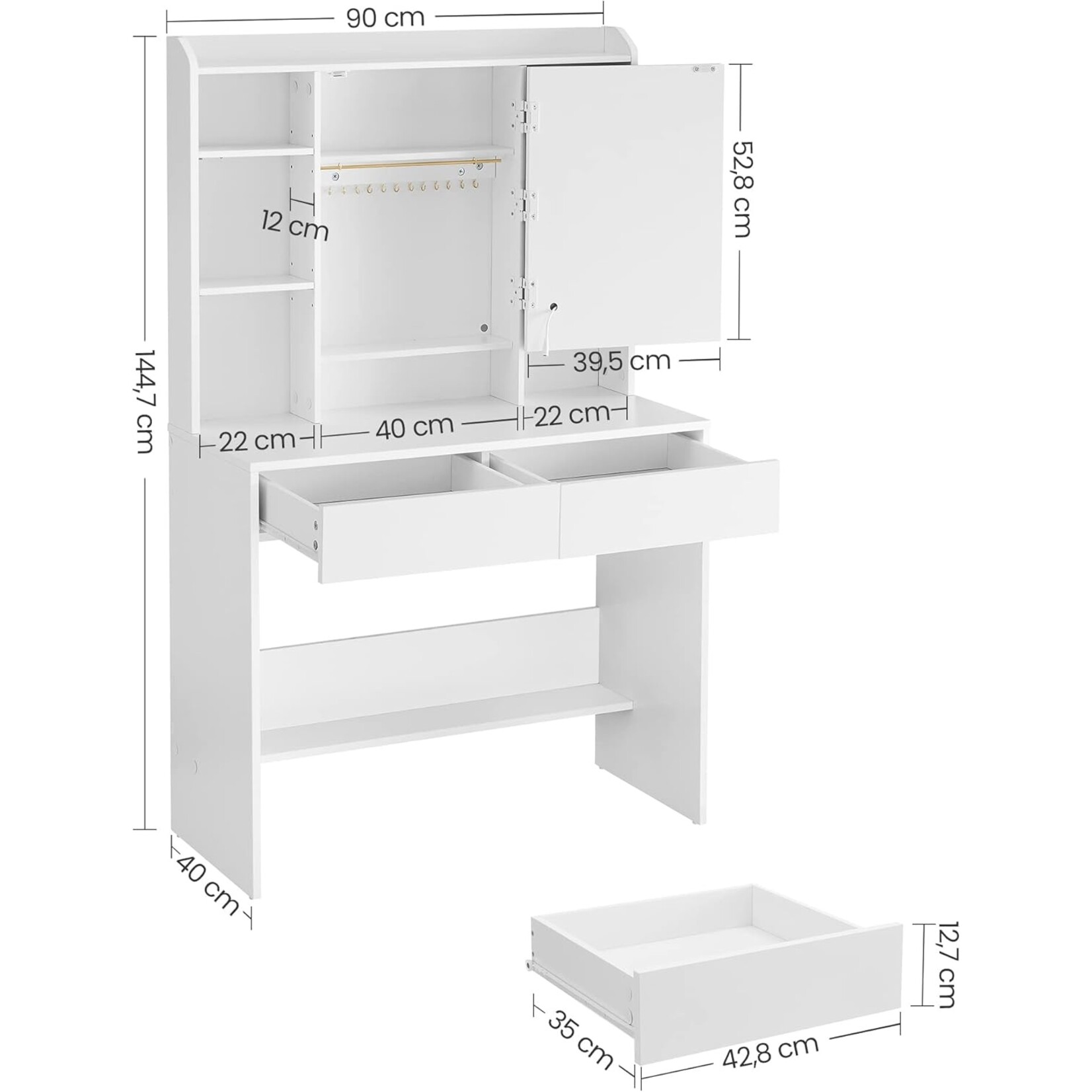 Bobbel Home Moderne Witte Make-up tafel met Instelbare LED Verlichting - Kaptafel met Spiegel, 2 Laden en Aanpasbare Planken - Stijlvolle Opslag voor Make-up