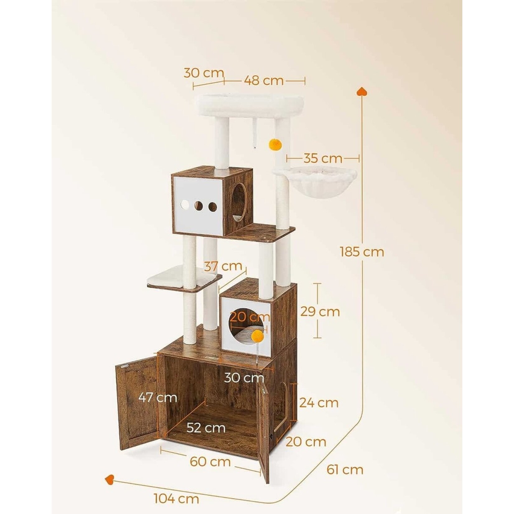 Scratching post with litter tray – Cat tree 185 cm – Scratching post with platform – Vintage brown