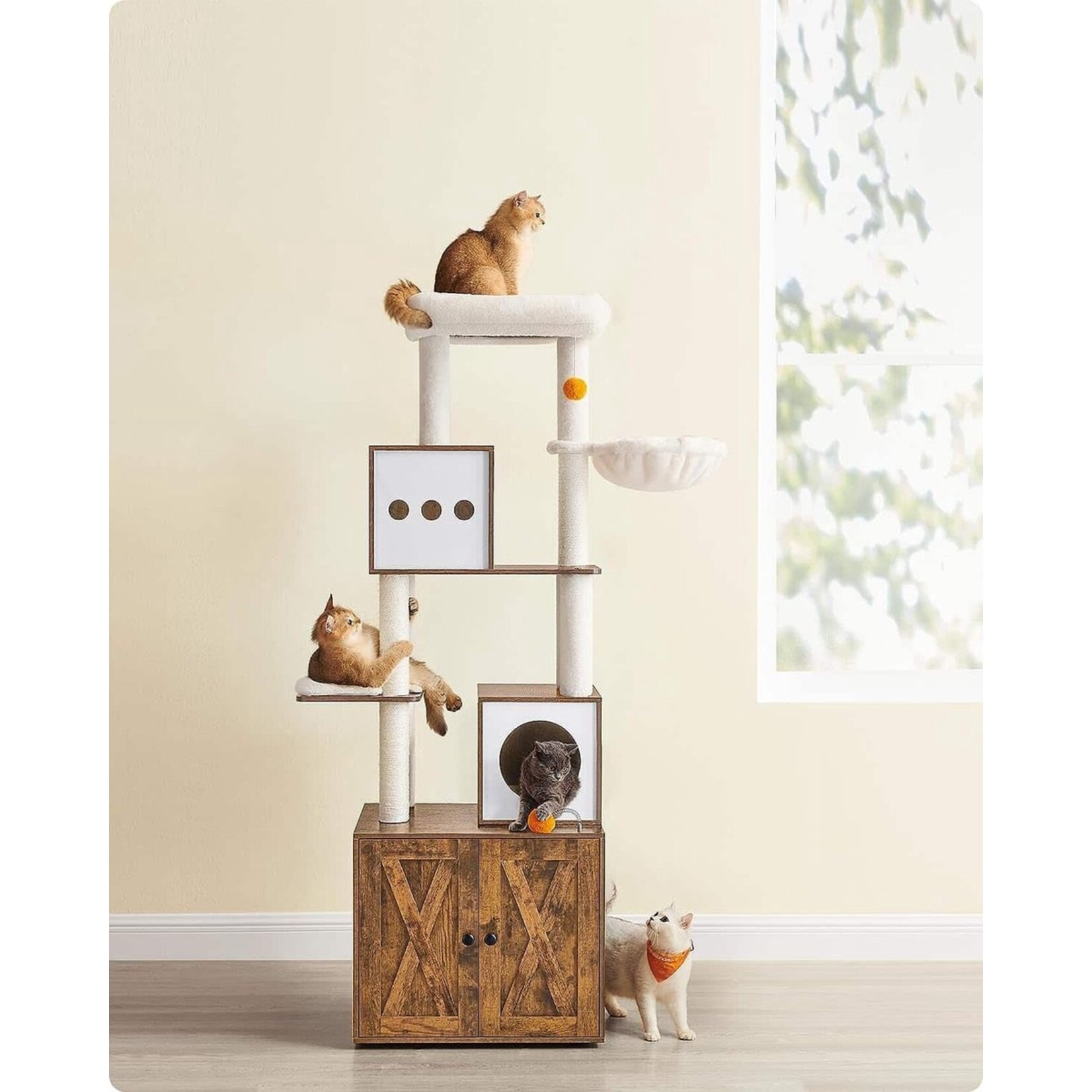 Scratching post with litter tray – Cat tree 185 cm – Scratching post with platform – Vintage brown