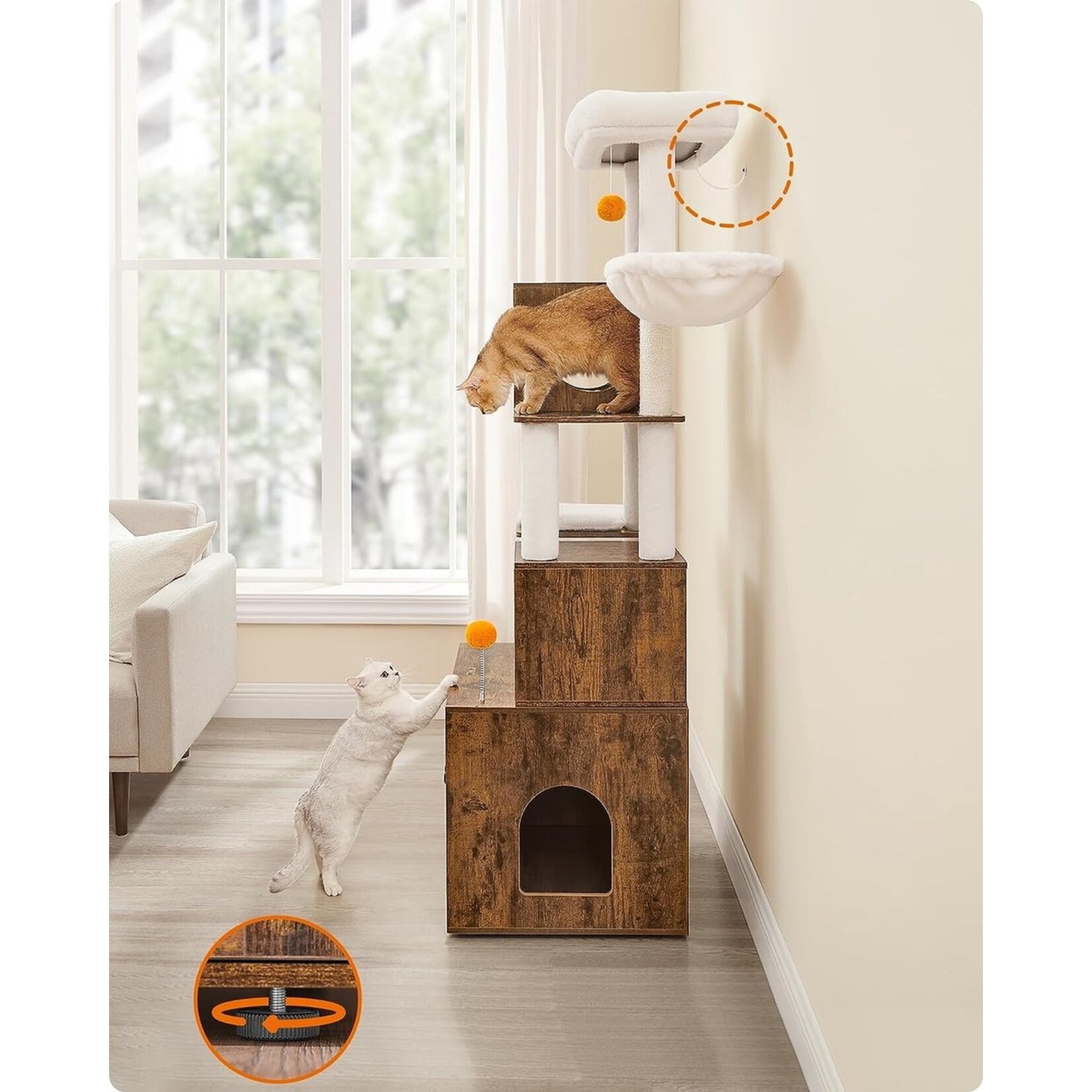 Scratching post with litter tray – Cat tree 185 cm – Scratching post with platform – Vintage brown