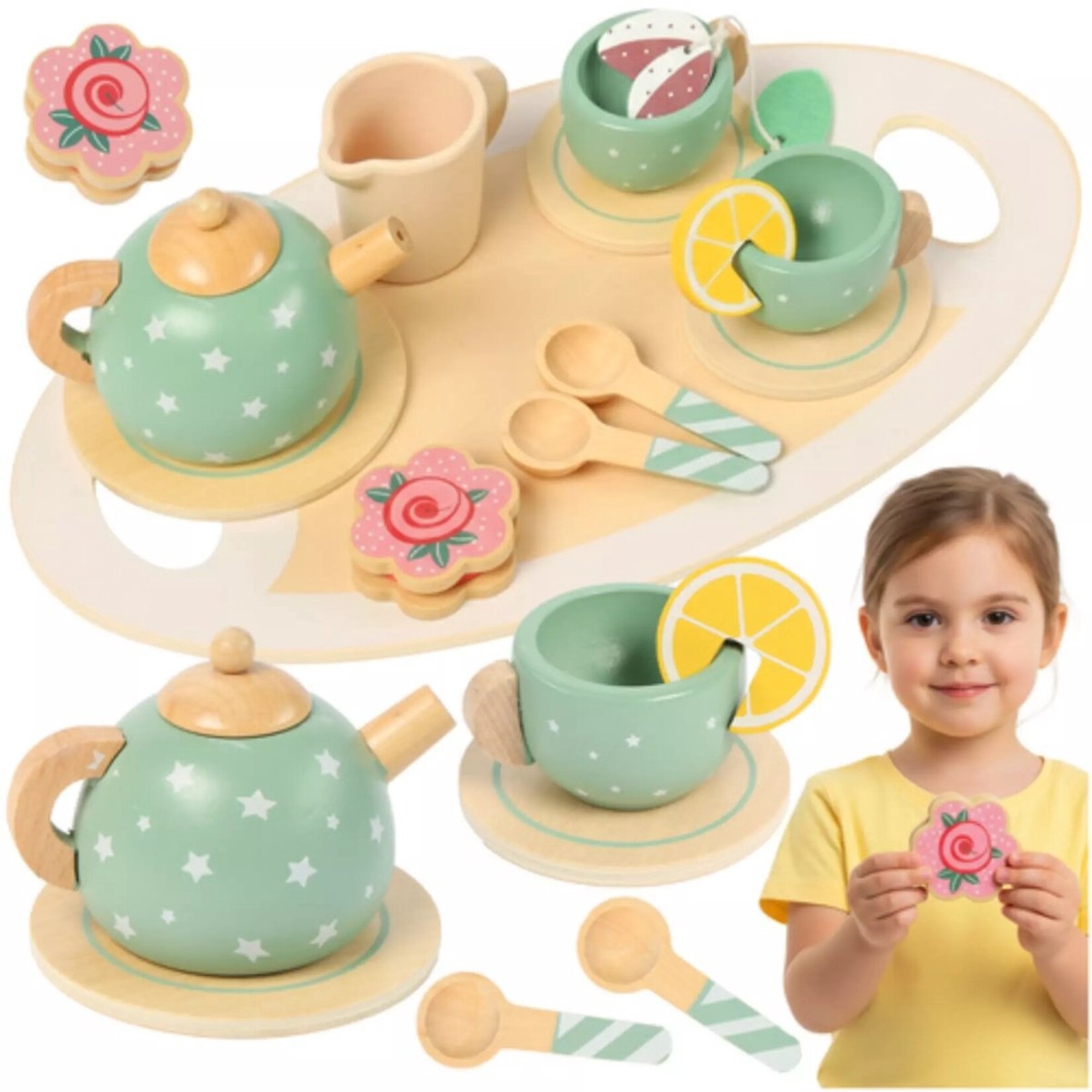 Bobbel Home Wooden Tea Set Green - 15 Pieces - Wooden Toys - Tea Set with Tray - Role-Play Toys Children 3+