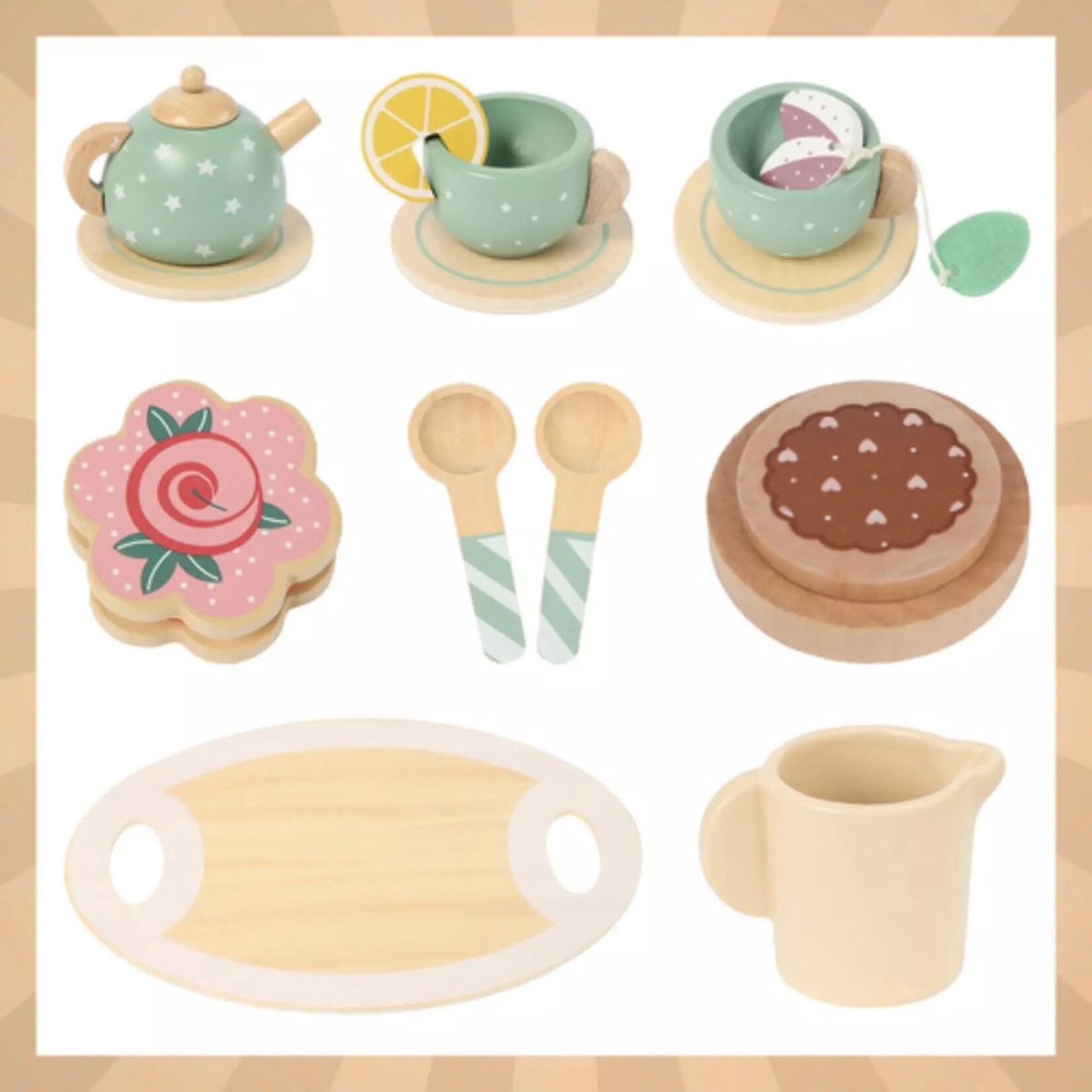 Bobbel Home Houten Theeservies Groen - 15 Delig - Houten Speelgoed - Theeset met Dienblad - Rollenspel Speelgoed Kinderen 3+