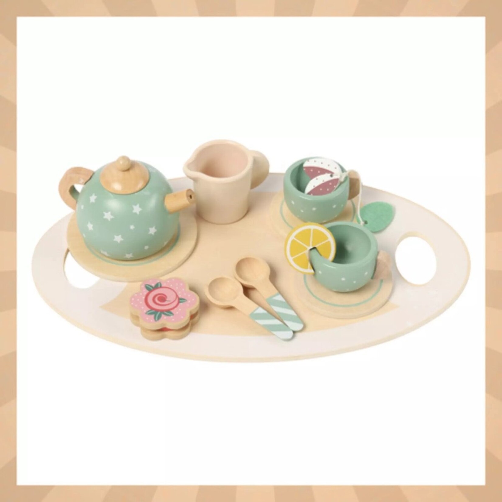 Bobbel Home Wooden Tea Set Green - 15 Pieces - Wooden Toys - Tea Set with Tray - Role-Play Toys Children 3+
