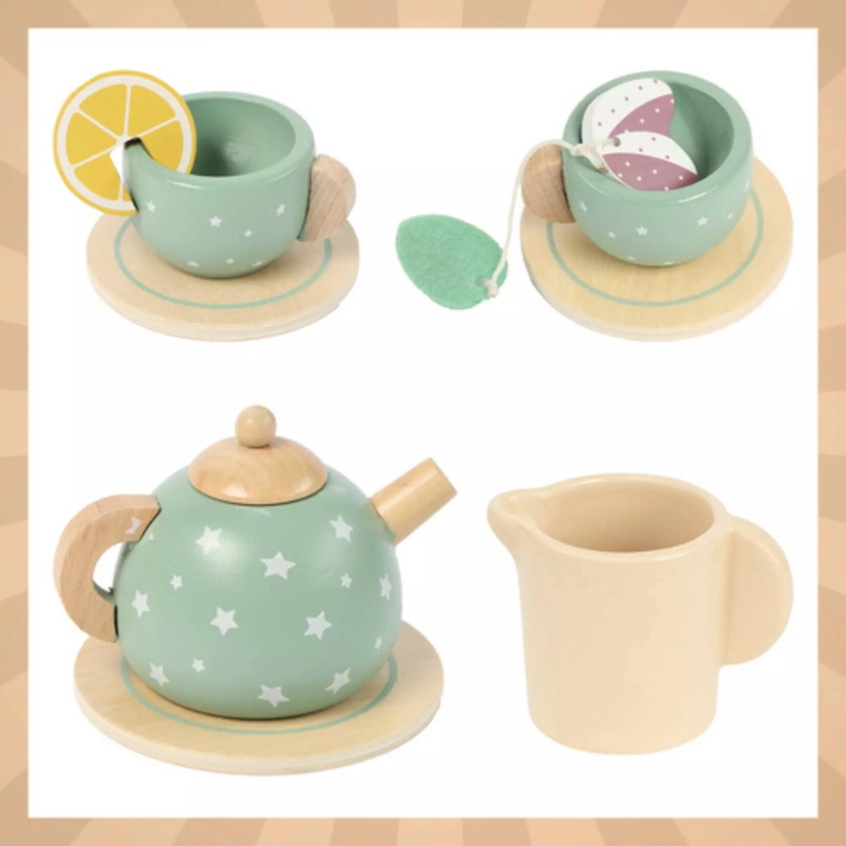 Bobbel Home Houten Theeservies Groen - 15 Delig - Houten Speelgoed - Theeset met Dienblad - Rollenspel Speelgoed Kinderen 3+