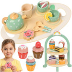 Bobbel Home Bobbel Home - Houten Theeservies - Theeservies Speelgoed - Kinder servies - Houten Speelgoed - Kinderservies set - Theeset met Dienblad - 15 Delig - Met Taartplateau - Rollenspel Speelgoed Kinderen 3+