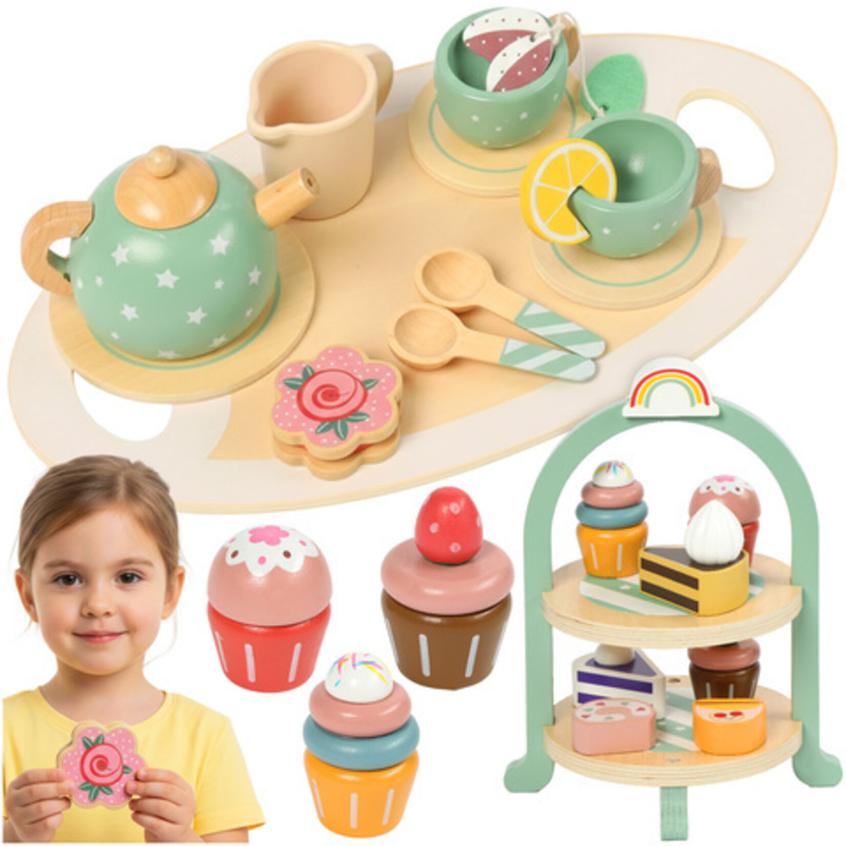 Bobbel Home Bobbel Home - Houten Theeservies - Theeservies Speelgoed - Kinder servies - Houten Speelgoed - Kinderservies set - Theeset met Dienblad - 15 Delig - Met Taartplateau - Rollenspel Speelgoed Kinderen 3+