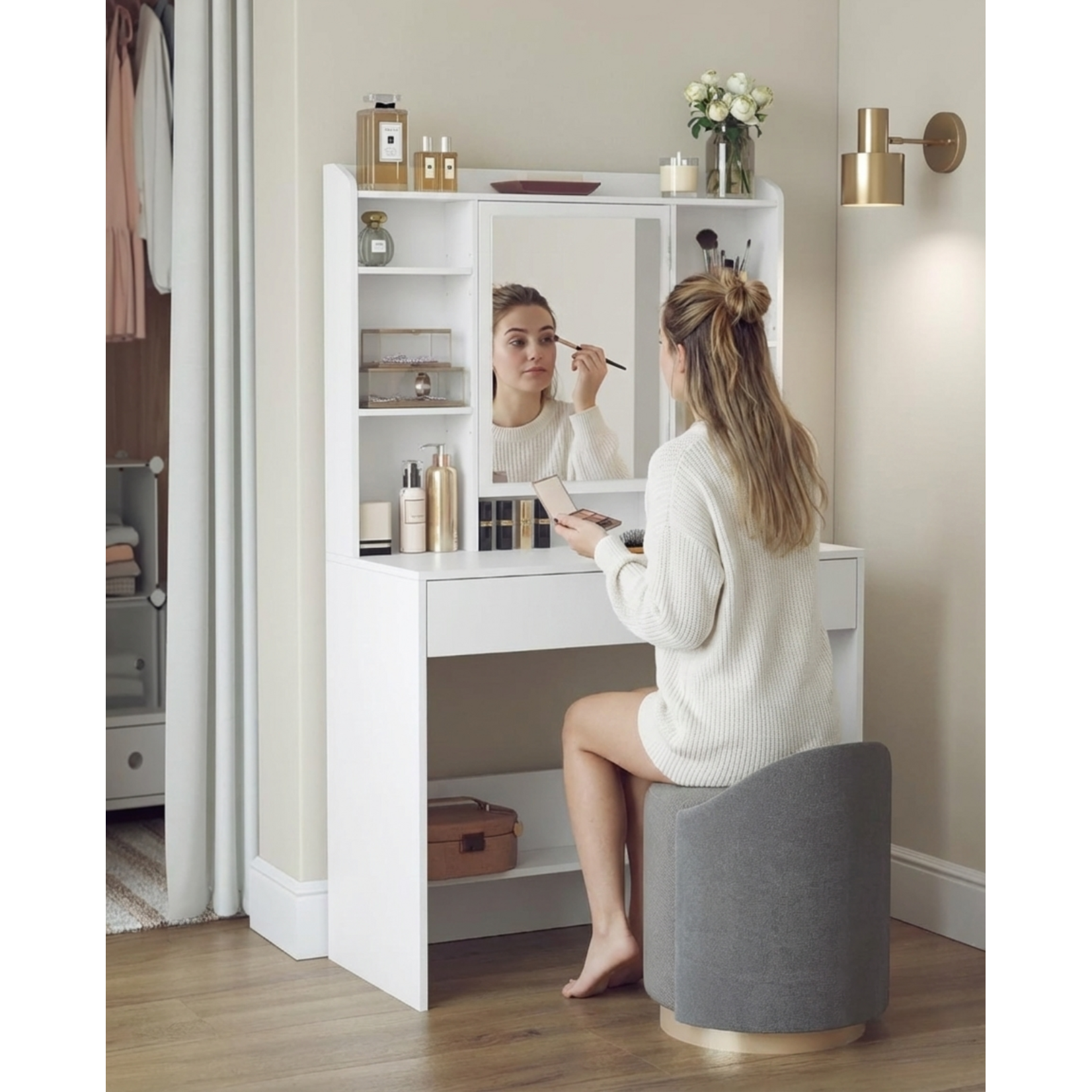 Bobbel Home Bobbel Home - Witte Kaptafel met LED Spiegel – Moderne Make-up Tafel met 2 Laden en Opbergplanken