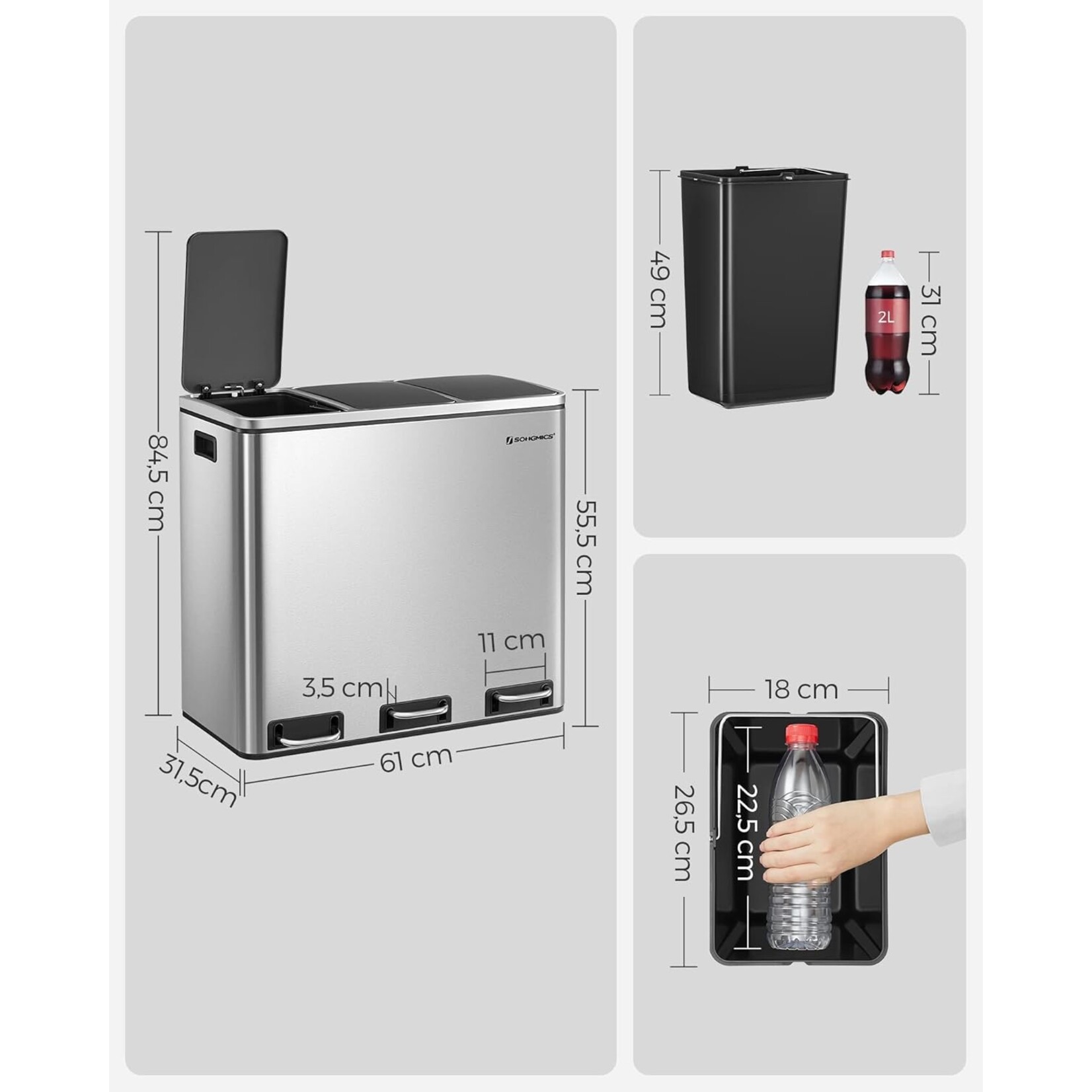 Bobbel Home 54-liter pedal bin - Stainless steel trash can with 3 compartments - Trio trash can 3 x 18 liters - Waste separation trash can - Trash can for home and office - Recycle kitchen trash can - Waste separation trash cans