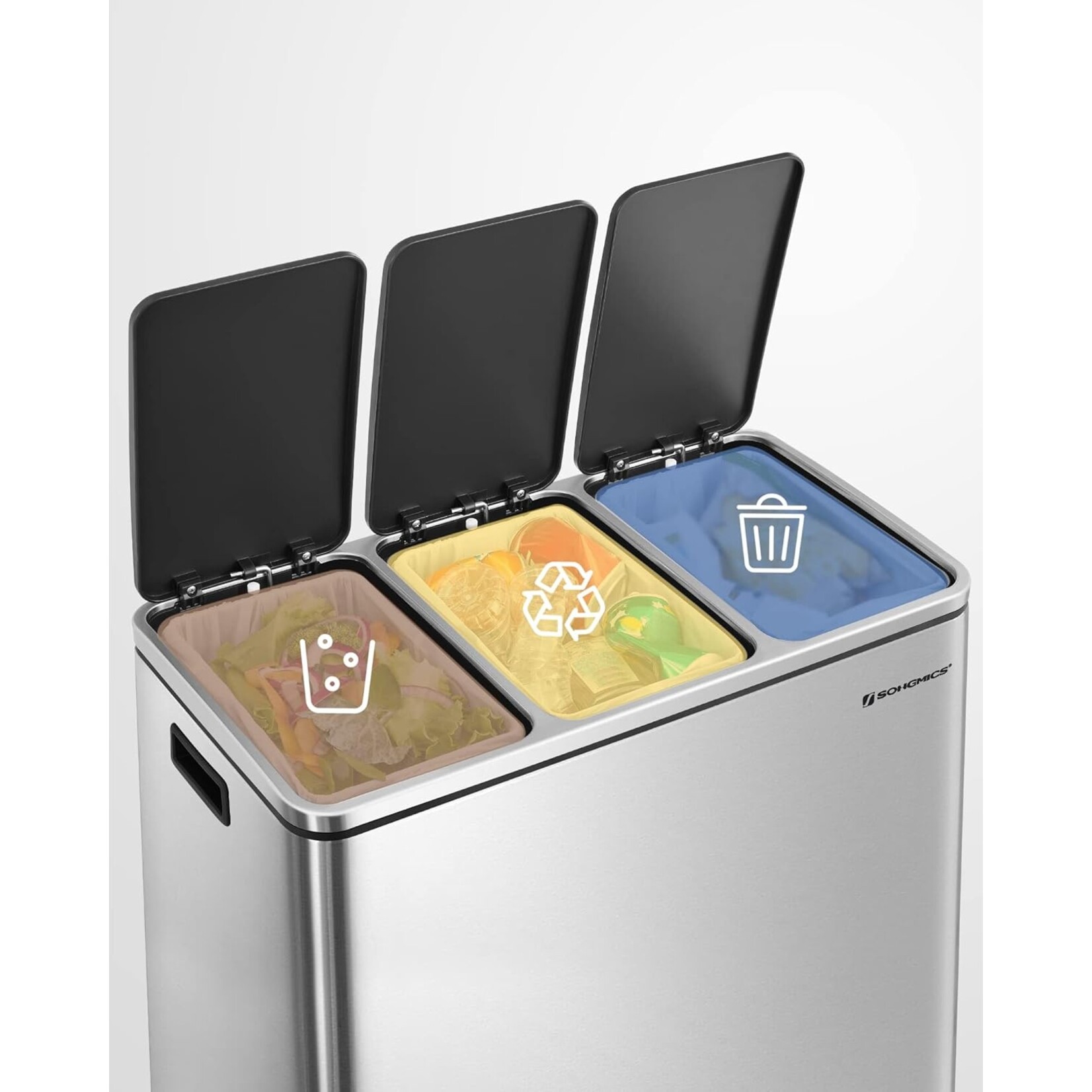 Bobbel Home 54-liter pedal bin - Stainless steel trash can with 3 compartments - Trio trash can 3 x 18 liters - Waste separation trash can - Trash can for home and office - Recycle kitchen trash can - Waste separation trash cans