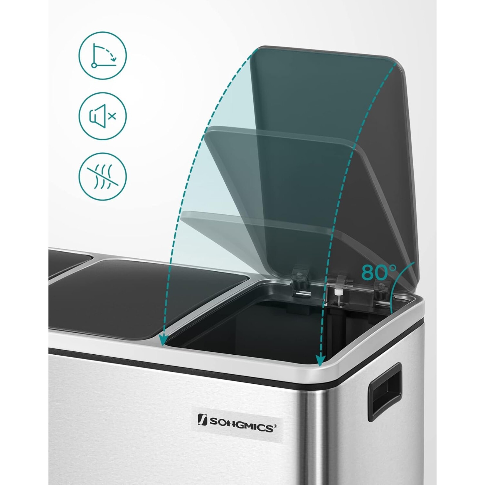 Bobbel Home 54-liter pedal bin - Stainless steel trash can with 3 compartments - Trio trash can 3 x 18 liters - Waste separation trash can - Trash can for home and office - Recycle kitchen trash can - Waste separation trash cans