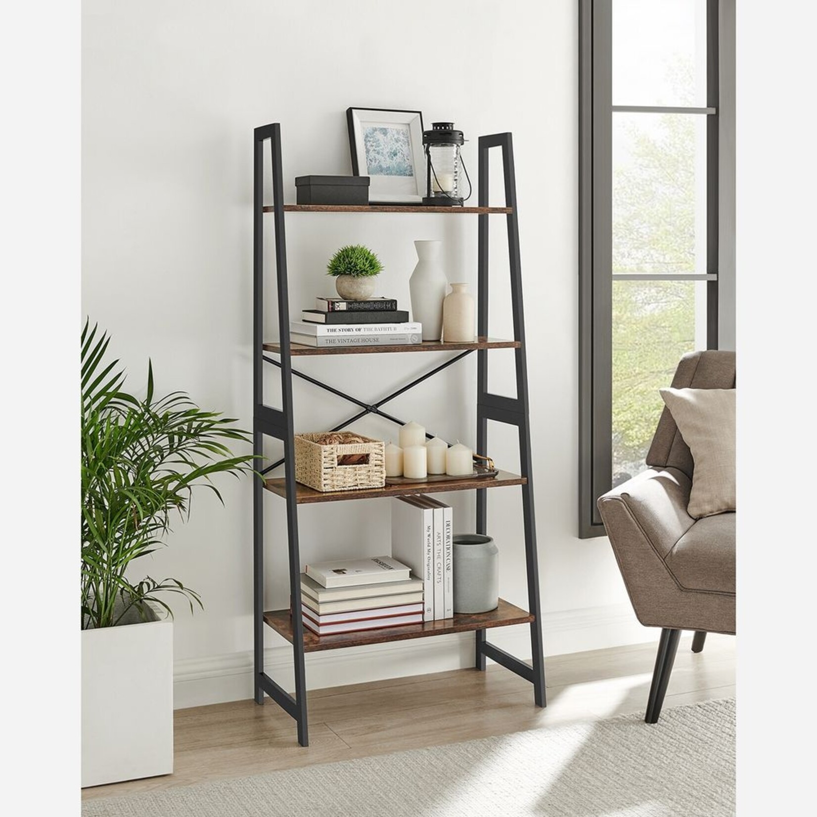Bobbel Home Bobbel Home Industrieel 5-Laags Boekenkast Open Opbergkast Zwart-Bruin 100 × 28 × 178 cm