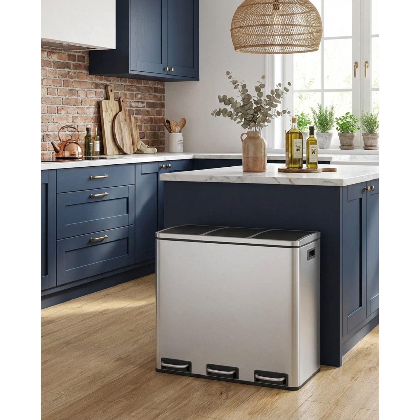 Bobbel Home 54-liter pedal bin - Stainless steel trash can with 3 compartments - Trio trash can 3 x 18 liters - Waste separation trash can - Trash can for home and office - Recycle kitchen trash can - Waste separation trash cans