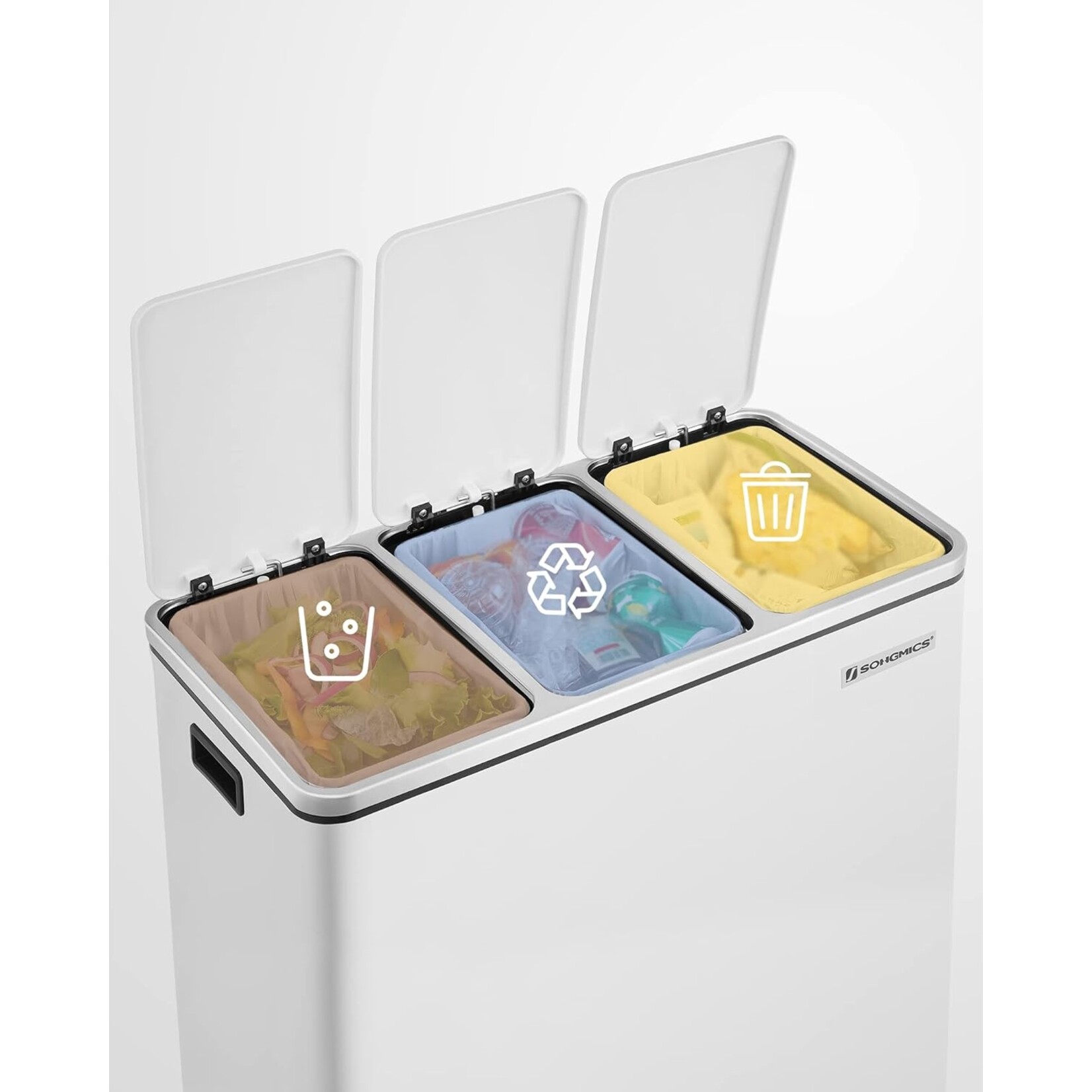 Bobbel Home 54-liter pedal bin - Stainless steel trash can with 3 compartments - Trio trash can 3 x 18 liters - Waste separation trash can - Trash can for household and office - Recycle kitchen trash can - Waste separation trash cans