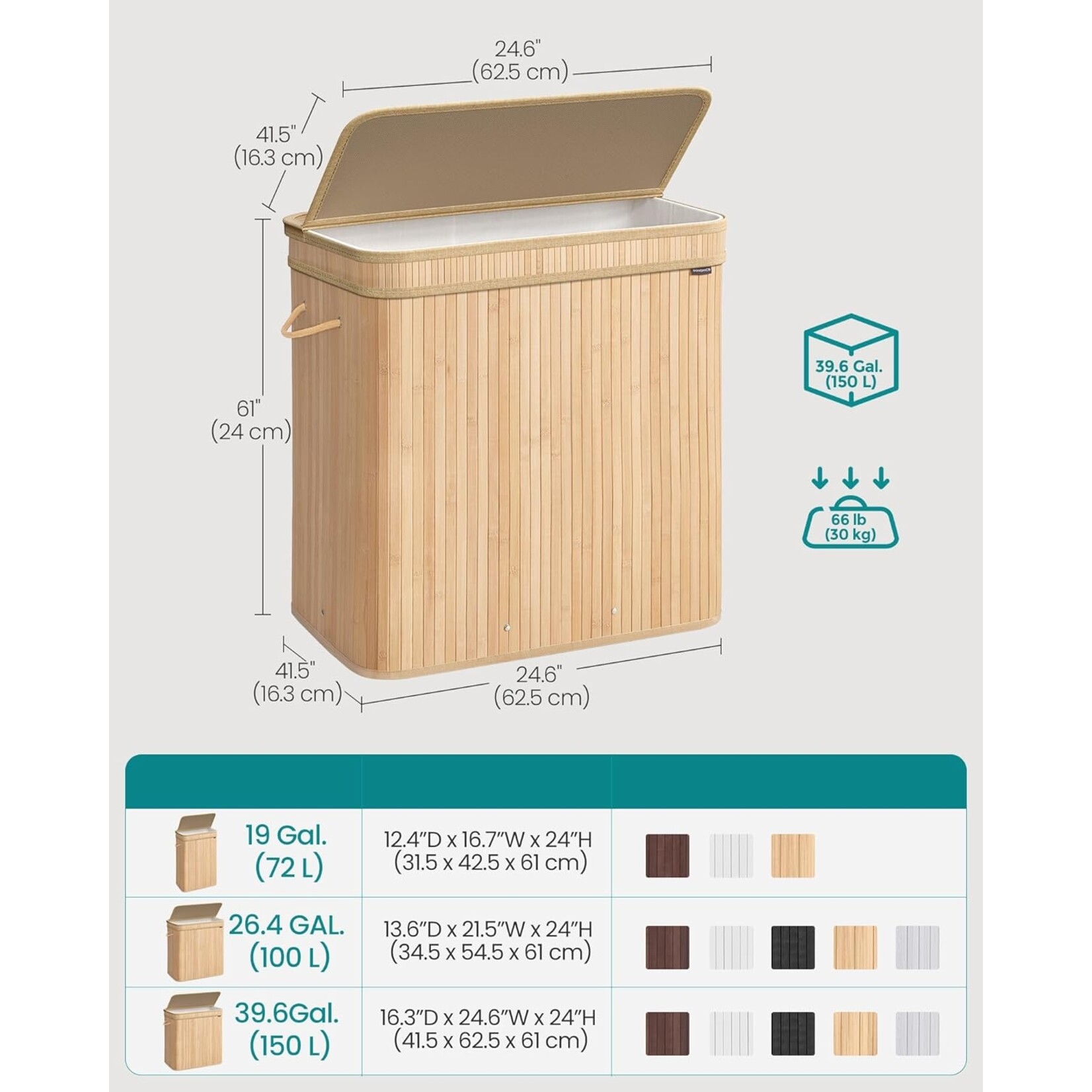 Bobbel Home Bobbel Home Large Laundry Basket With Lid, Removable Machine Washable Inner Bag + Handles