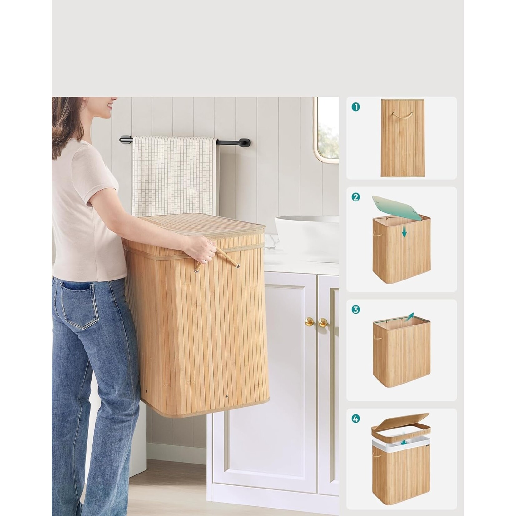 Bobbel Home Bobbel Home Grote Wasmand Met Deksel, Afneembare Machinewasbare Binnenzak + Handvatten