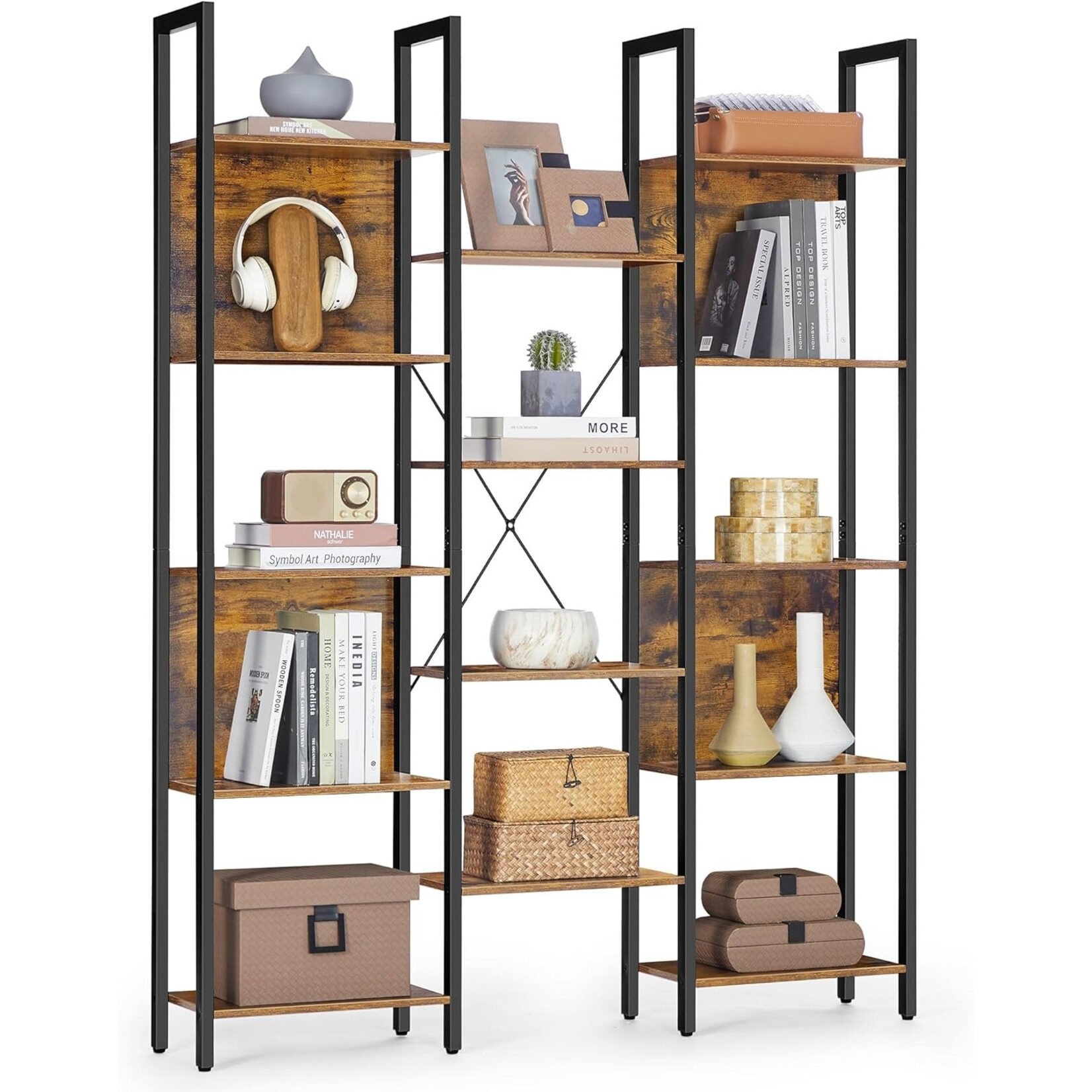 Bobbel Home Bobbel Home Boekenkast Industrieel 6 Vak Open Rek Vintage Bruin-Zwart 120 × 33 × 80 cm