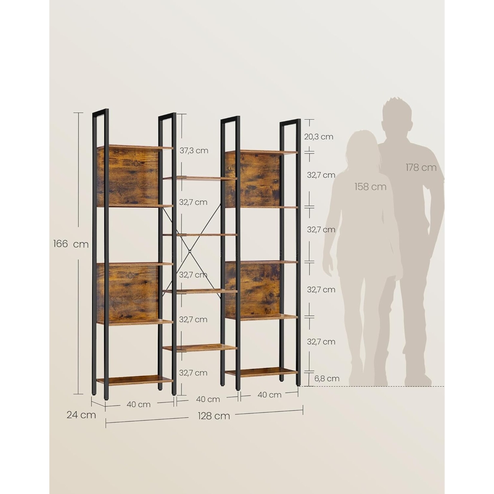 Bobbel Home Bobbel Home Boekenkast Industrieel 6 Vak Open Rek Vintage Bruin-Zwart 120 × 33 × 80 cm
