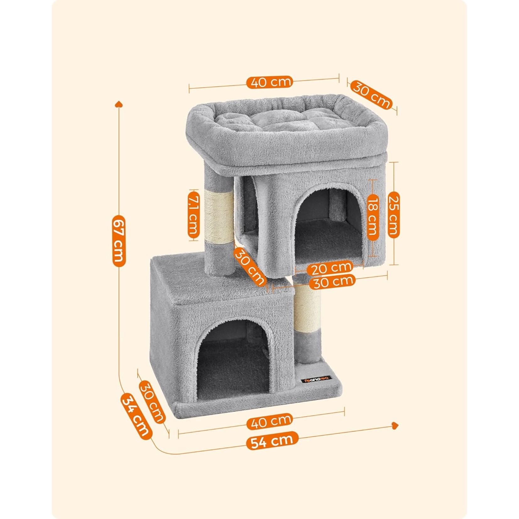 Bobbel Home Bobbel Home Cat House with Scratching Posts, 2 Holes and Platform – 67 cm Light Gray