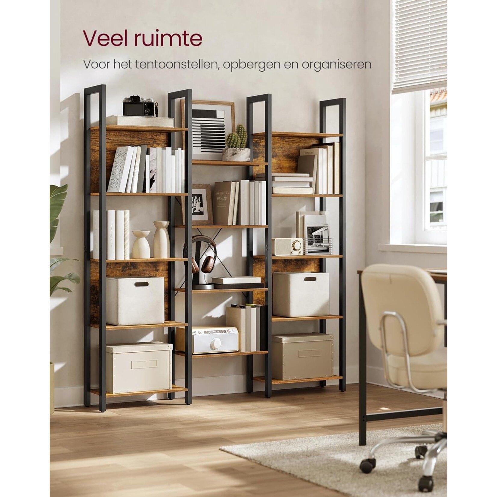 Bobbel Home Bobbel Home Industrial Bookcase 6 Compartments Open Shelf Vintage Brown-Black 120 × 33 × 80 cm