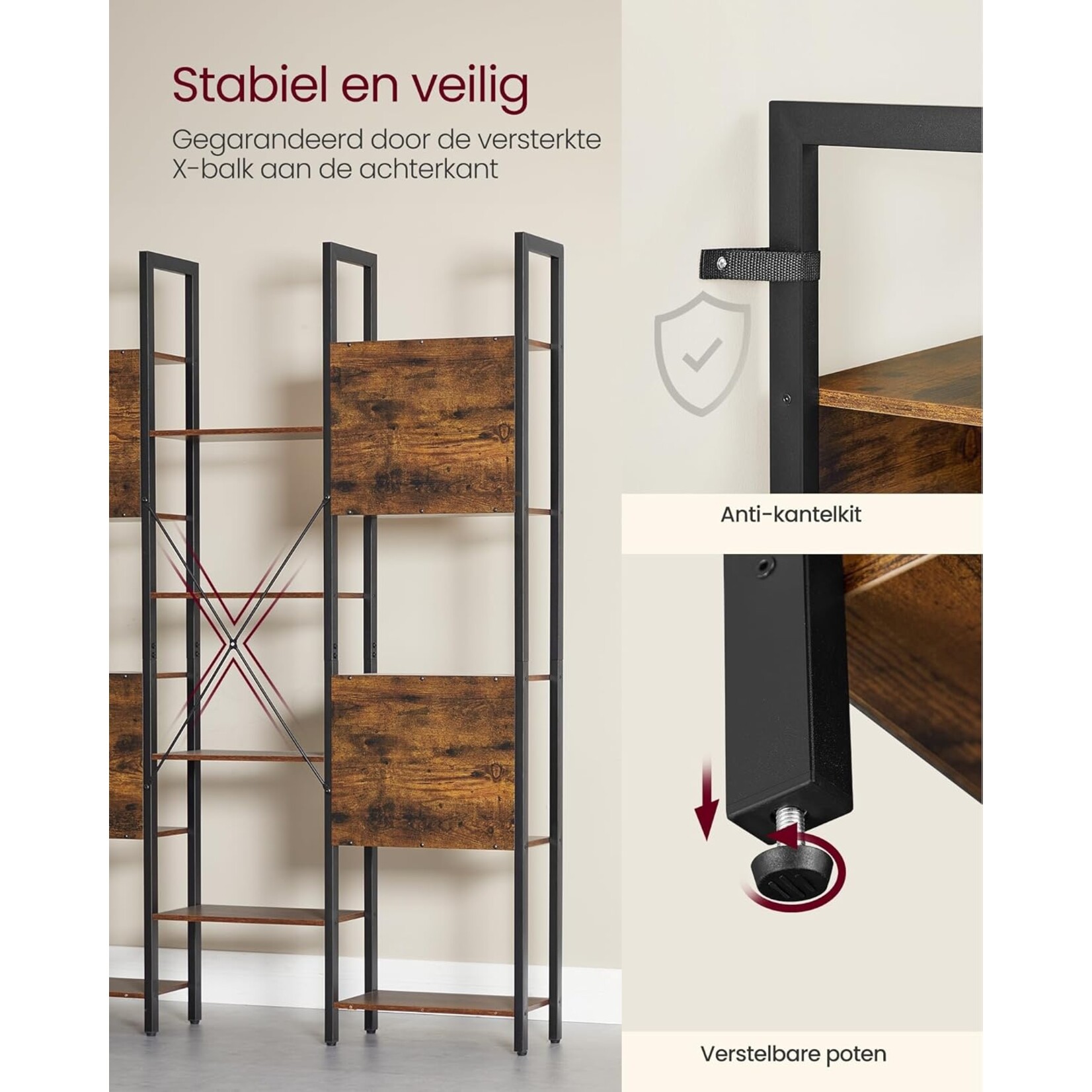 Bobbel Home Bobbel Home Boekenkast Industrieel 6 Vak Open Rek Vintage Bruin-Zwart 120 × 33 × 80 cm