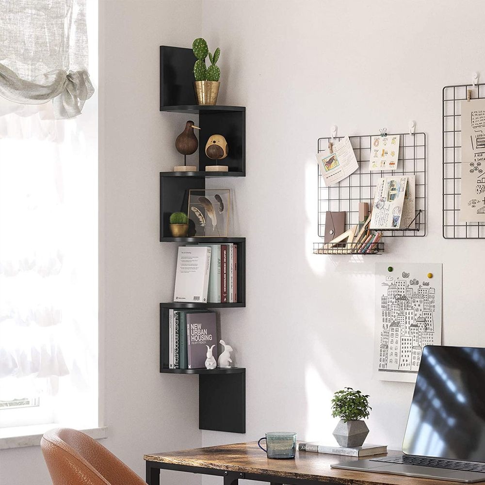 Bobbel Home 5-Laags Wandrek / Hoekplank – Zwart Open Opbergkast 20 × 20 × 127 cm
