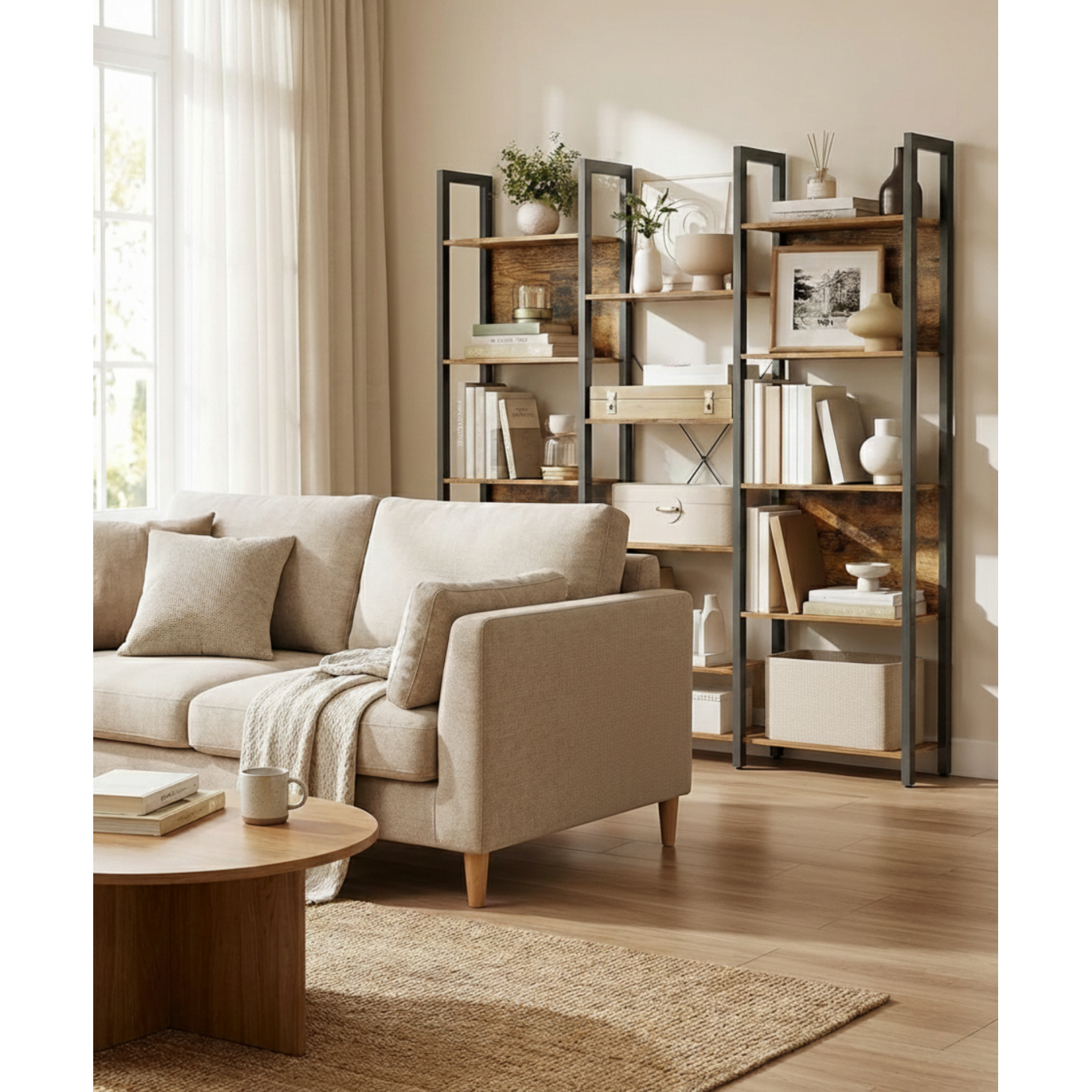 Bobbel Home Bobbel Home Boekenkast Industrieel 6 Vak Open Rek Vintage Bruin-Zwart 120 × 33 × 80 cm