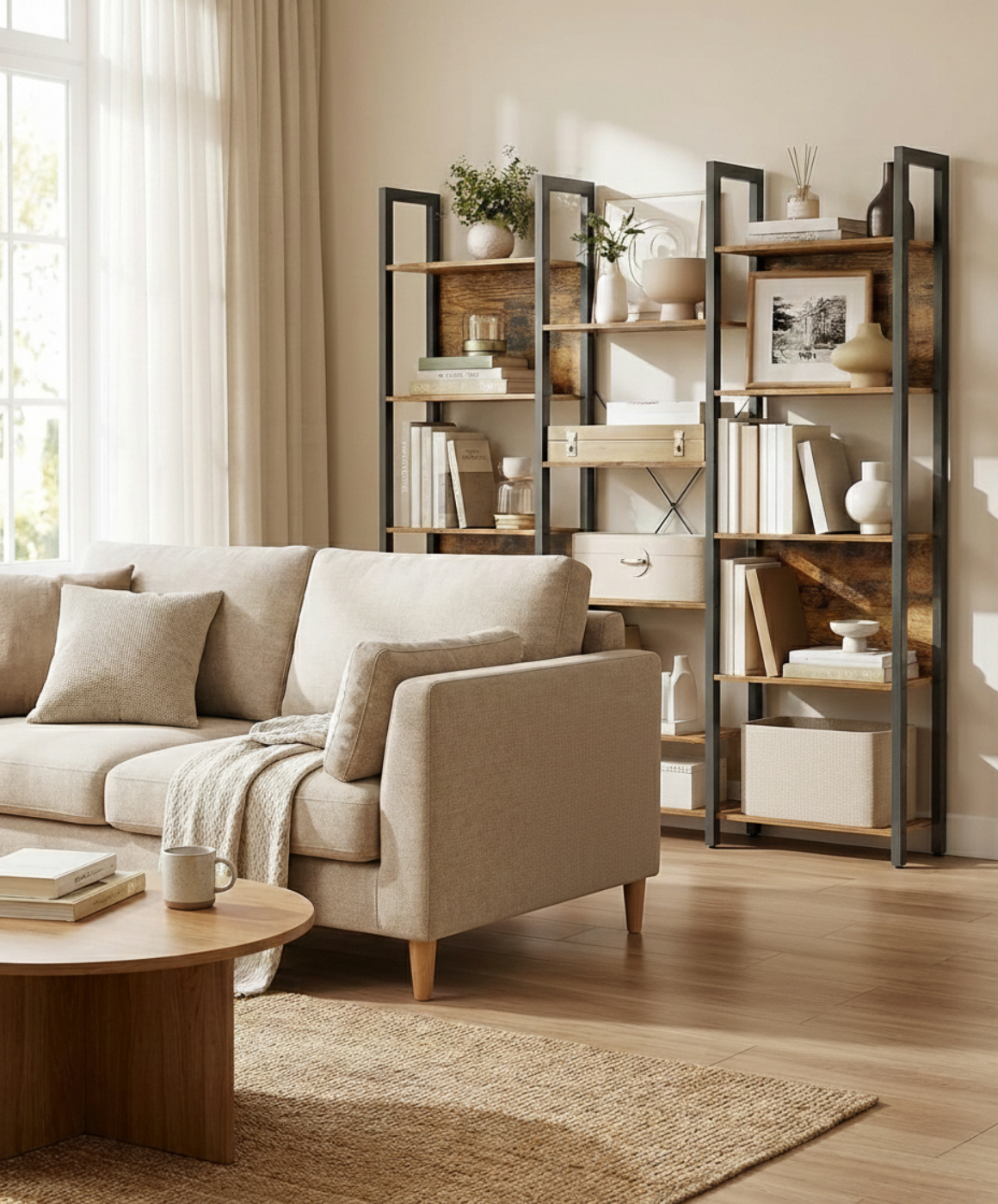 Bobbel Home Boekenkast Industrieel 6 Vak Open Rek Vintage Bruin-Zwart 120 × 33 × 80 cm