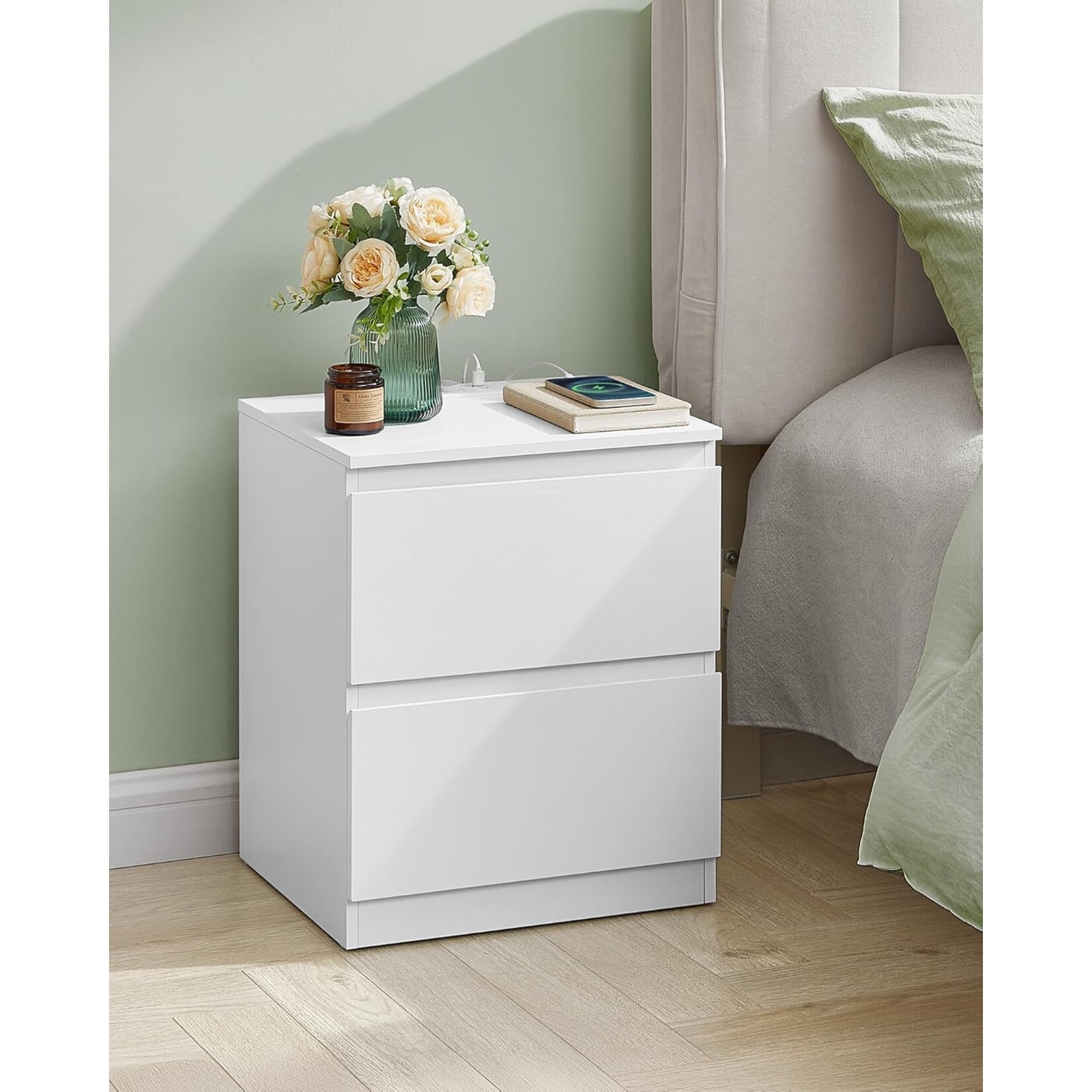 Bobbel Home Bobbel Home Bedside Table / Side Table with 2 Drawers and Sockets – Modern White