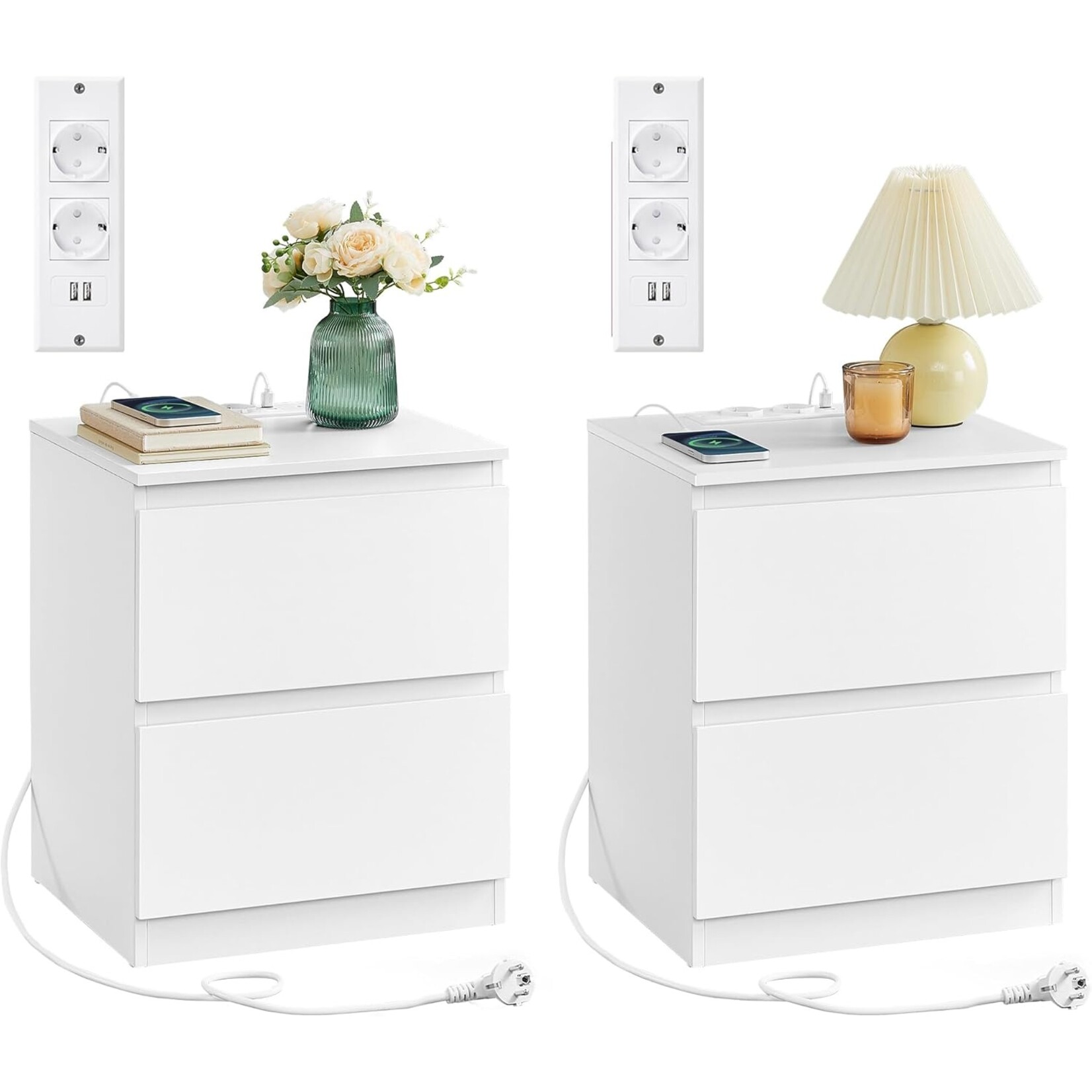 Bobbel Home Bobbel Home Bedside Table / Side Table with 2 Drawers and Sockets – Modern White