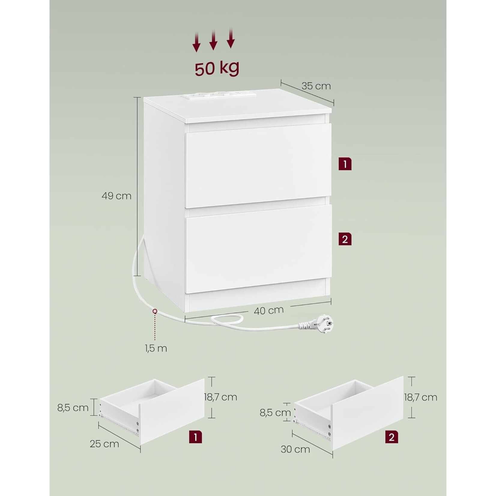 Bobbel Home Bobbel Home Nachtkastje / Bijzettafel Met 2 Laden En Stopcontacten – Modern Wit