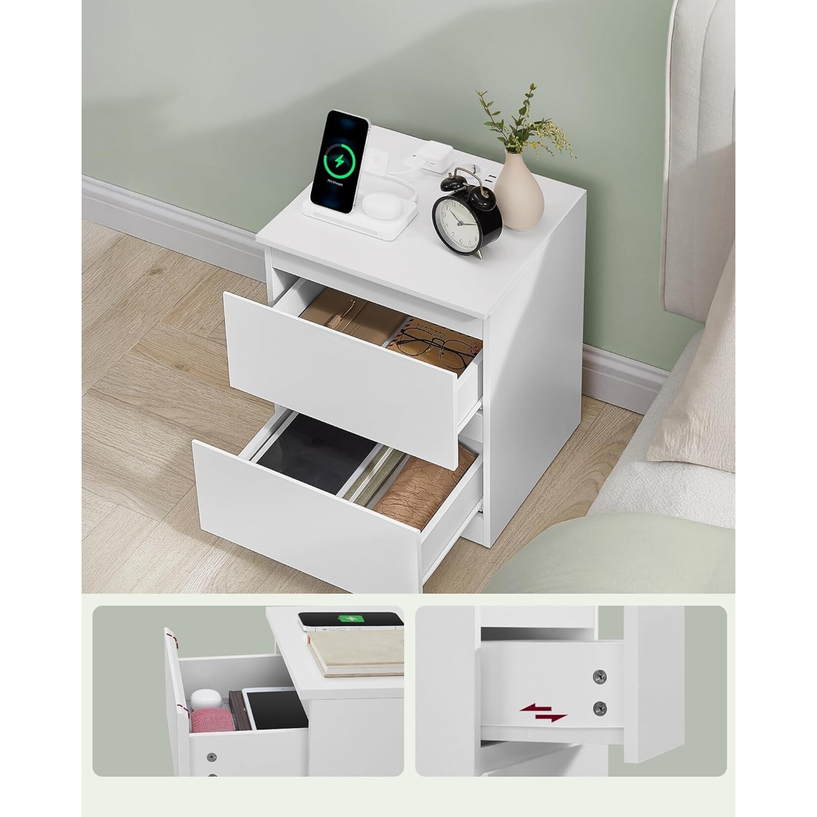 Bobbel Home Bobbel Home Bedside Table / Side Table with 2 Drawers and Sockets – Modern White