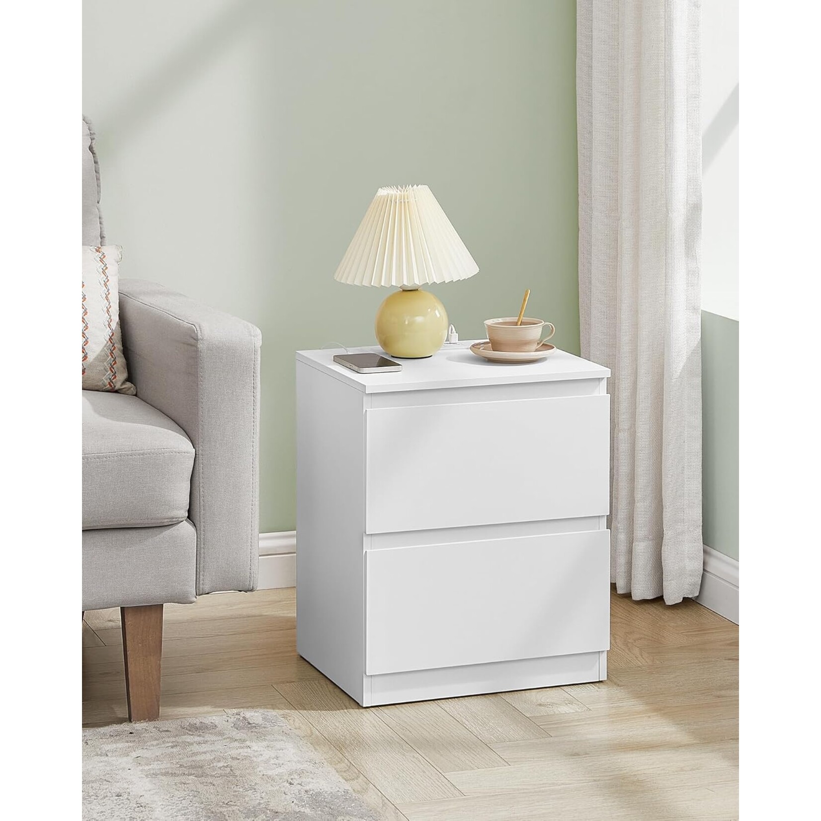Bobbel Home Bobbel Home Bedside Table / Side Table with 2 Drawers and Sockets – Modern White