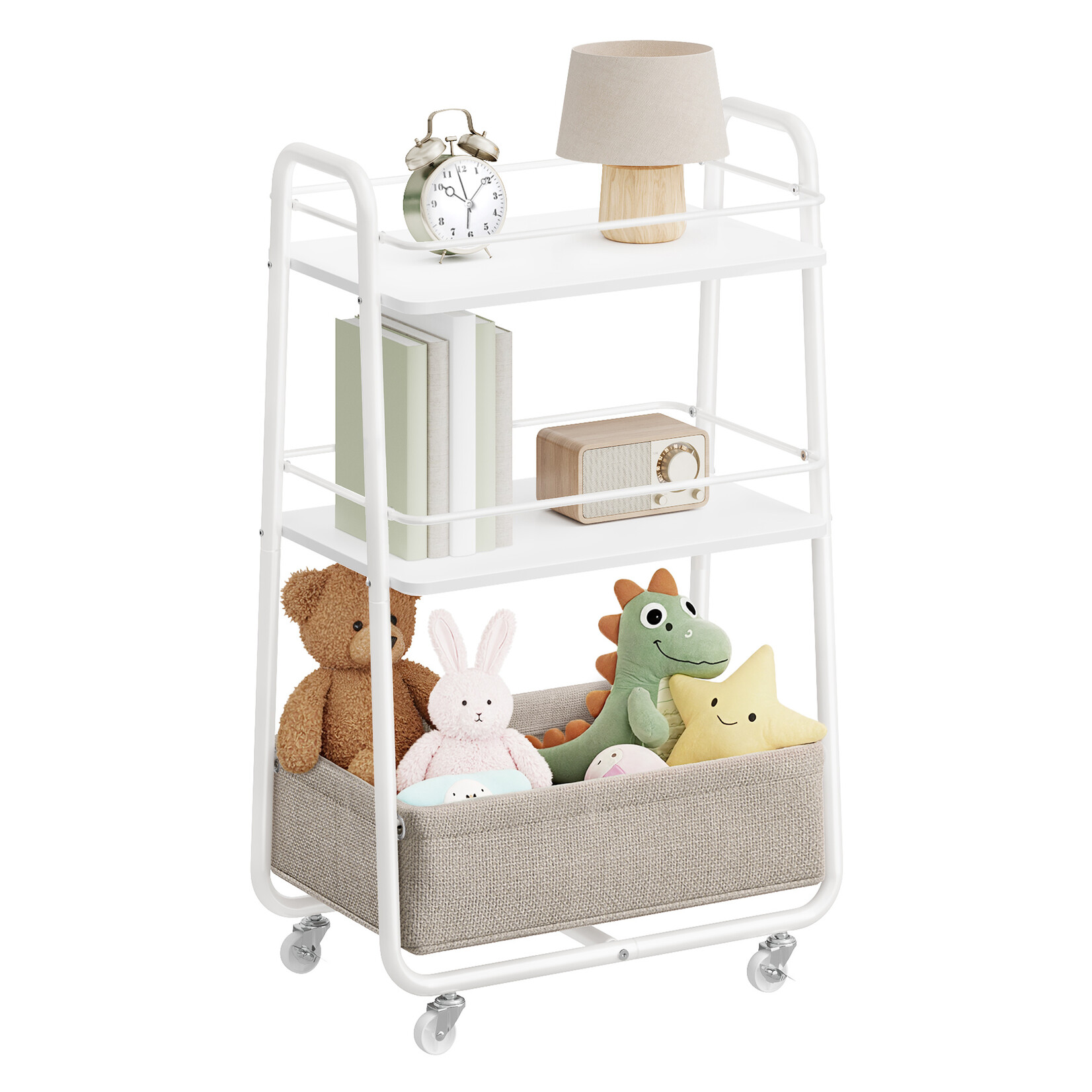 Bobbel Home Bobbel Home Storage & Serving Trolley With 3 Shelves And Fabric Basket On Wheels White-Beige