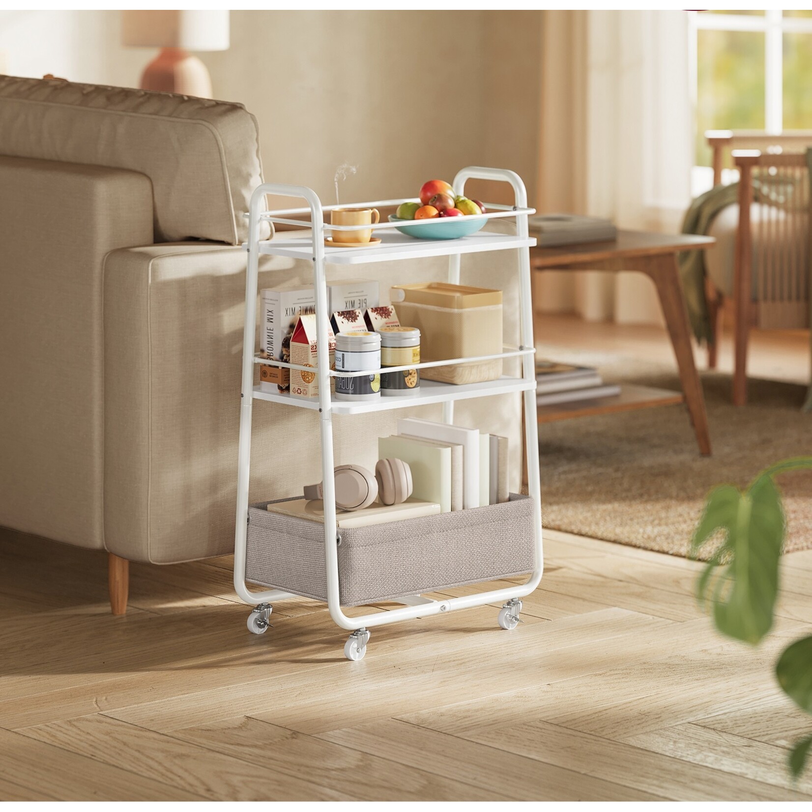 Bobbel Home Bobbel Home Storage & Serving Trolley With 3 Shelves And Fabric Basket On Wheels White-Beige