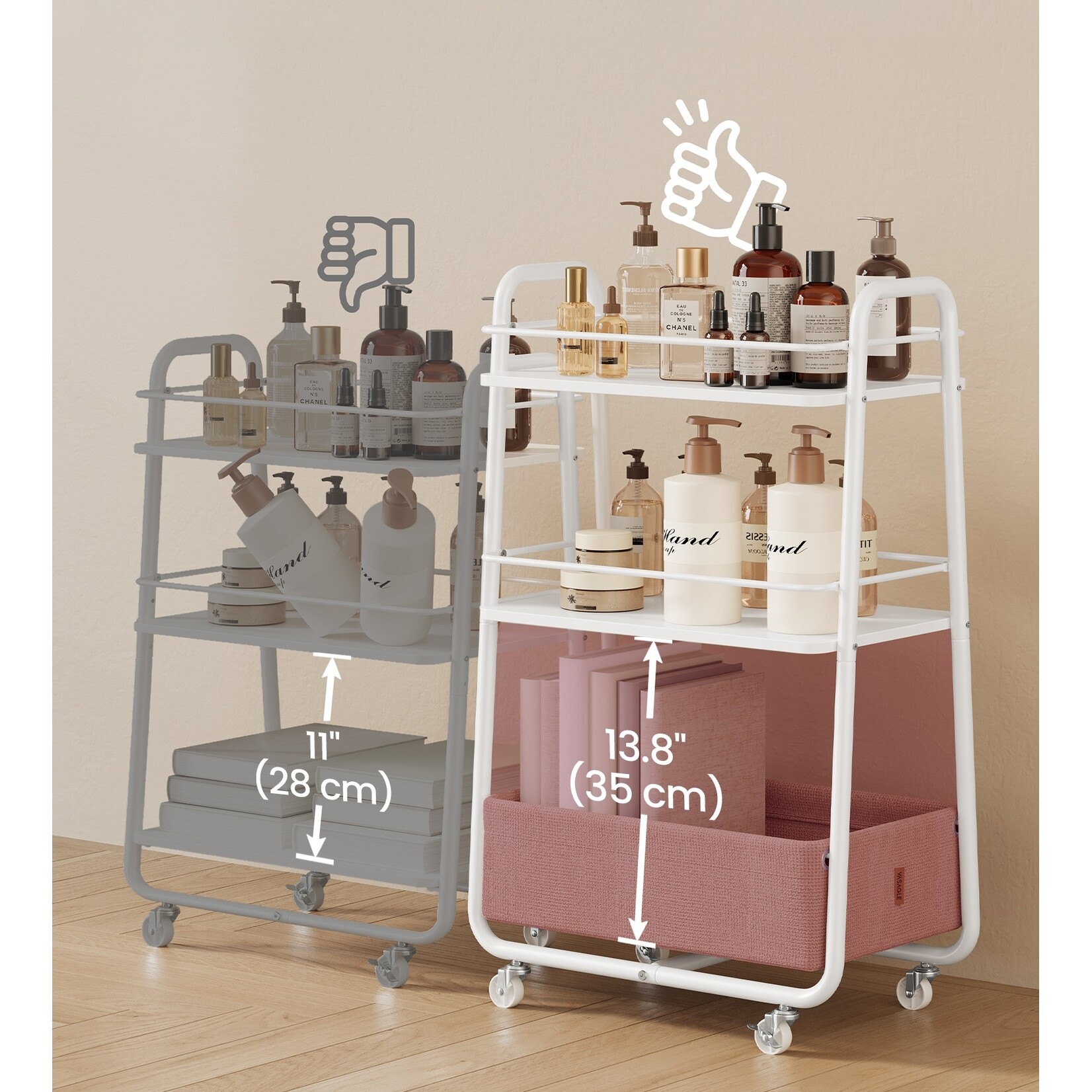 Bobbel Home Bobbel Home Opberg- & Serveer Trolley Met 3 Planken En Stoffen Mand Op Wielen Wit-Beige
