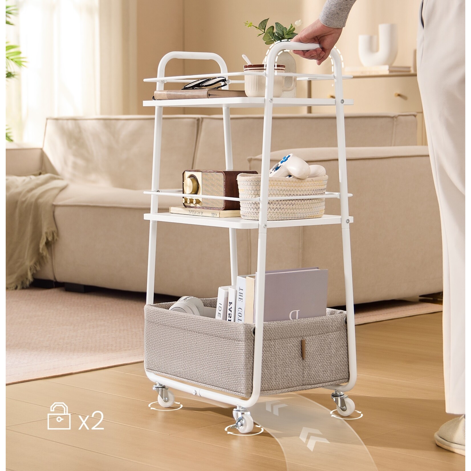 Bobbel Home Bobbel Home Storage & Serving Trolley With 3 Shelves And Fabric Basket On Wheels White-Beige