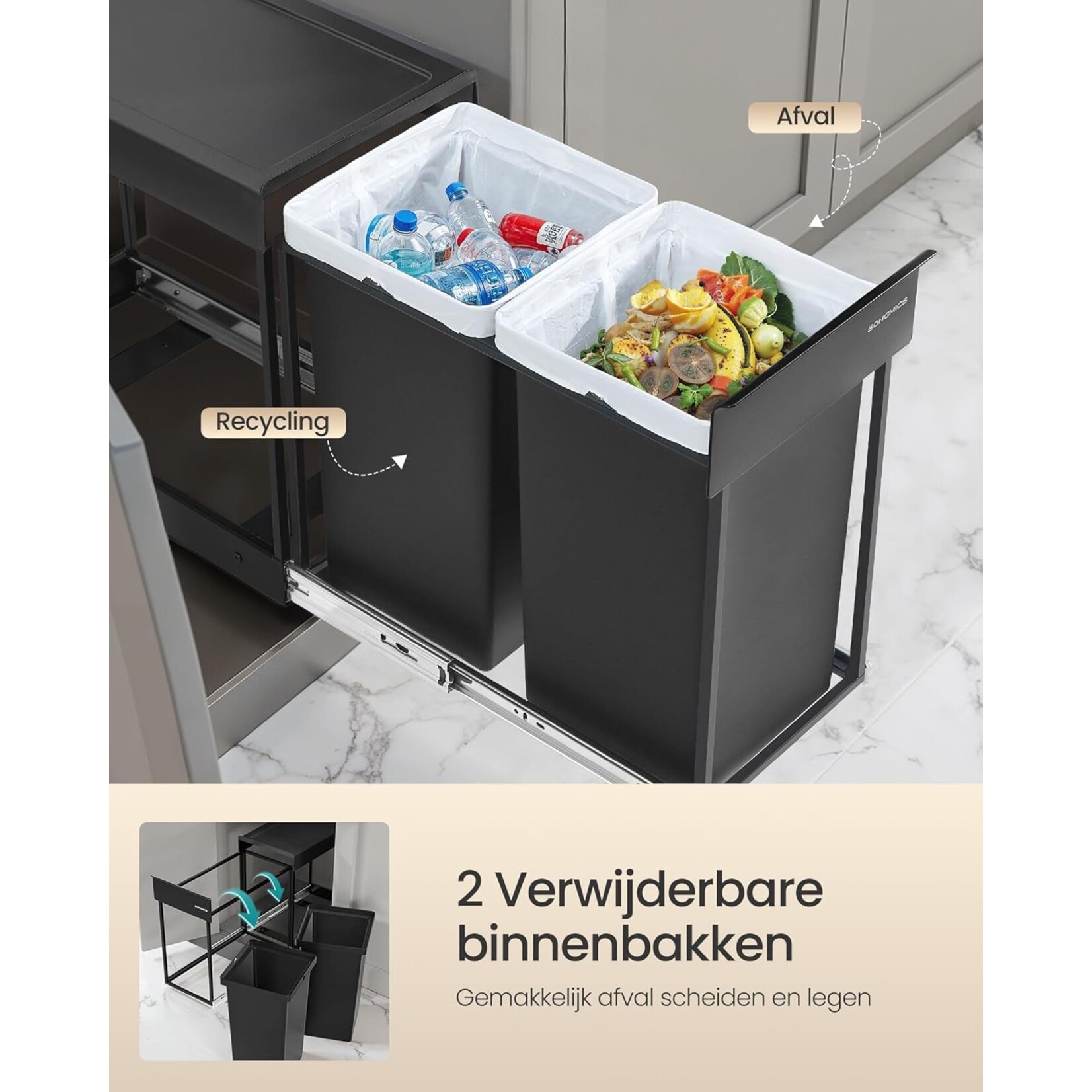 Bobbel Home Bobbel Home Pull-Out Kitchen Waste Bin 2×15 L Waste Separation With Steel Frame
