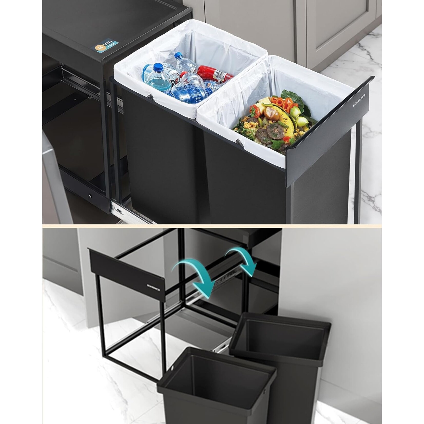 Bobbel Home Bobbel Home Kitchen Waste Bin 2-Compartment Waste Separator With Pedal And Soft-Close Lids