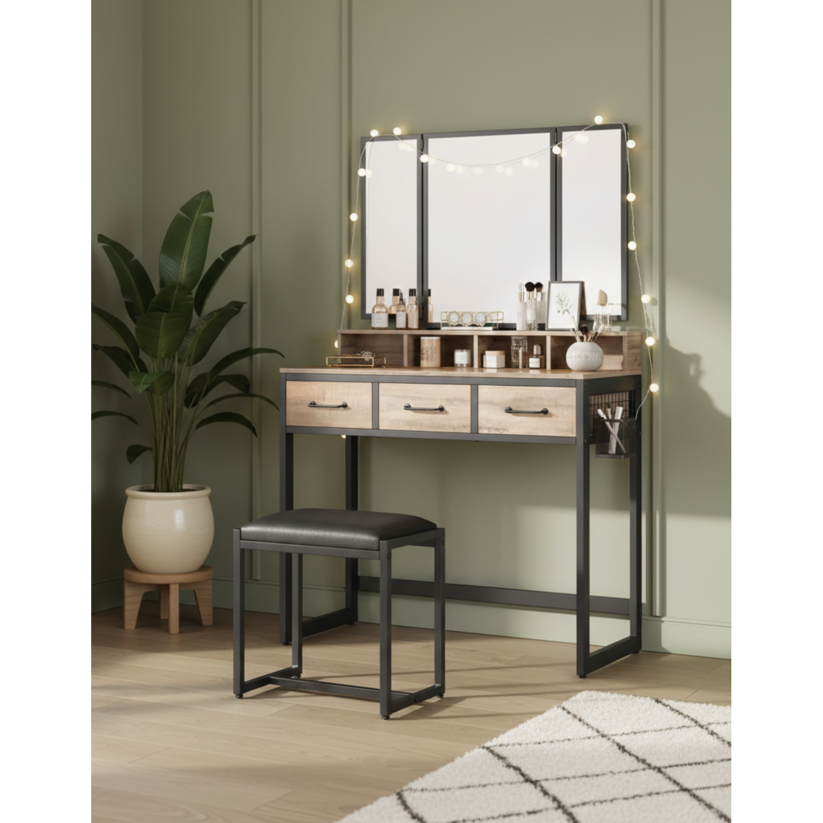Bobbel Home Bobbel Home Dressing Table Dressing Table With Mirror And Stool Industrial Brown-Black 90 × 40 × 141 cm