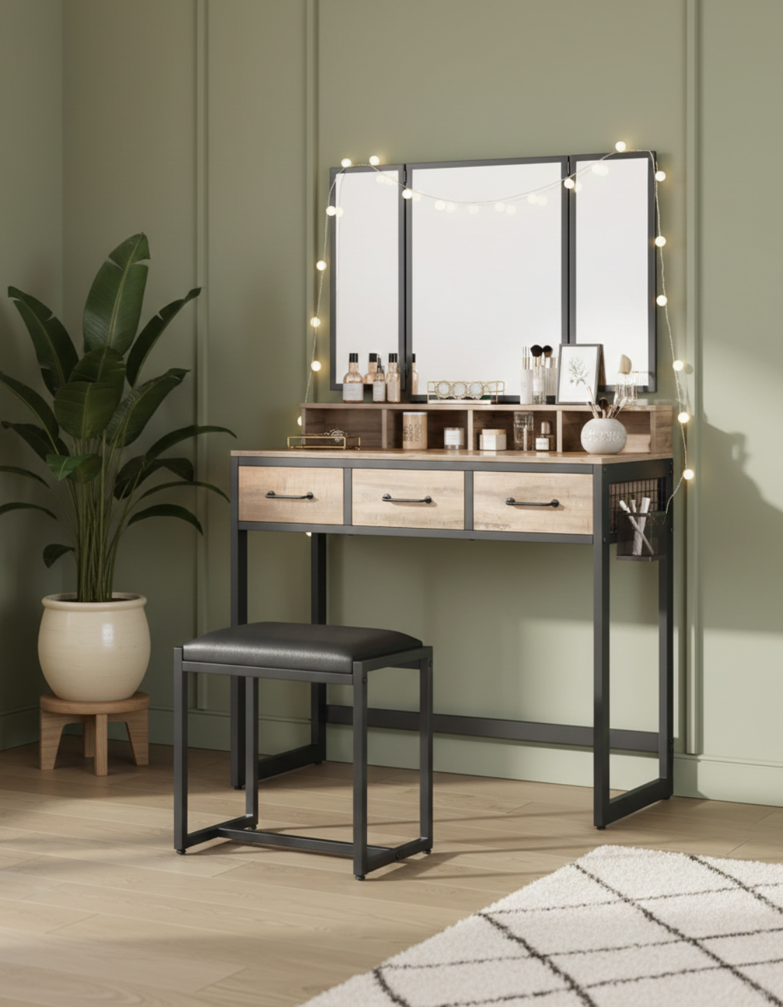 Bobbel Home Dressing Table Kaptafel Met Spiegel En Kruk Industrieel Bruin-Zwart 90 × 40 × 141 cm