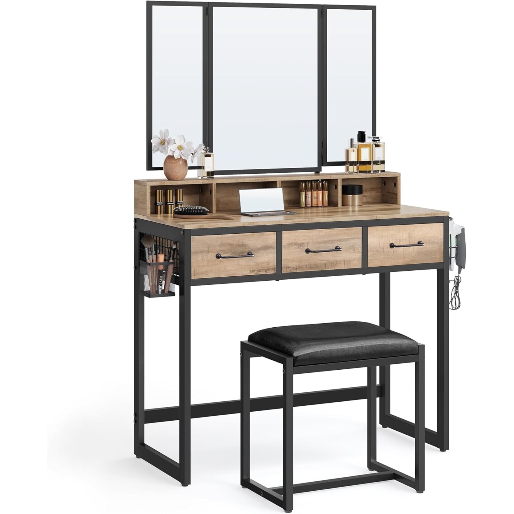 Bobbel Home Bobbel Home Dressing Table Kaptafel Met Spiegel En Kruk Industrieel Bruin-Zwart 90 × 40 × 141 cm